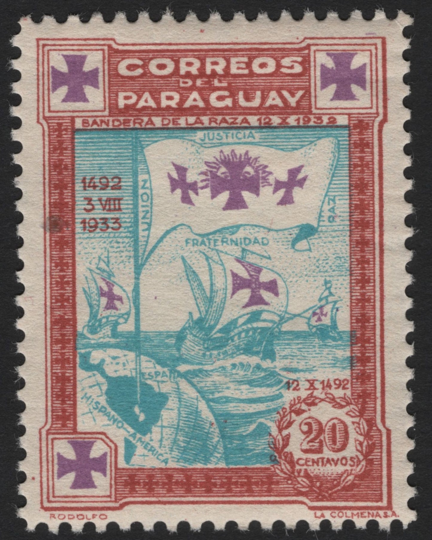 SCG4552 - Paraguay 1933 Día de la Raza Commemorative – 20 Centavos
