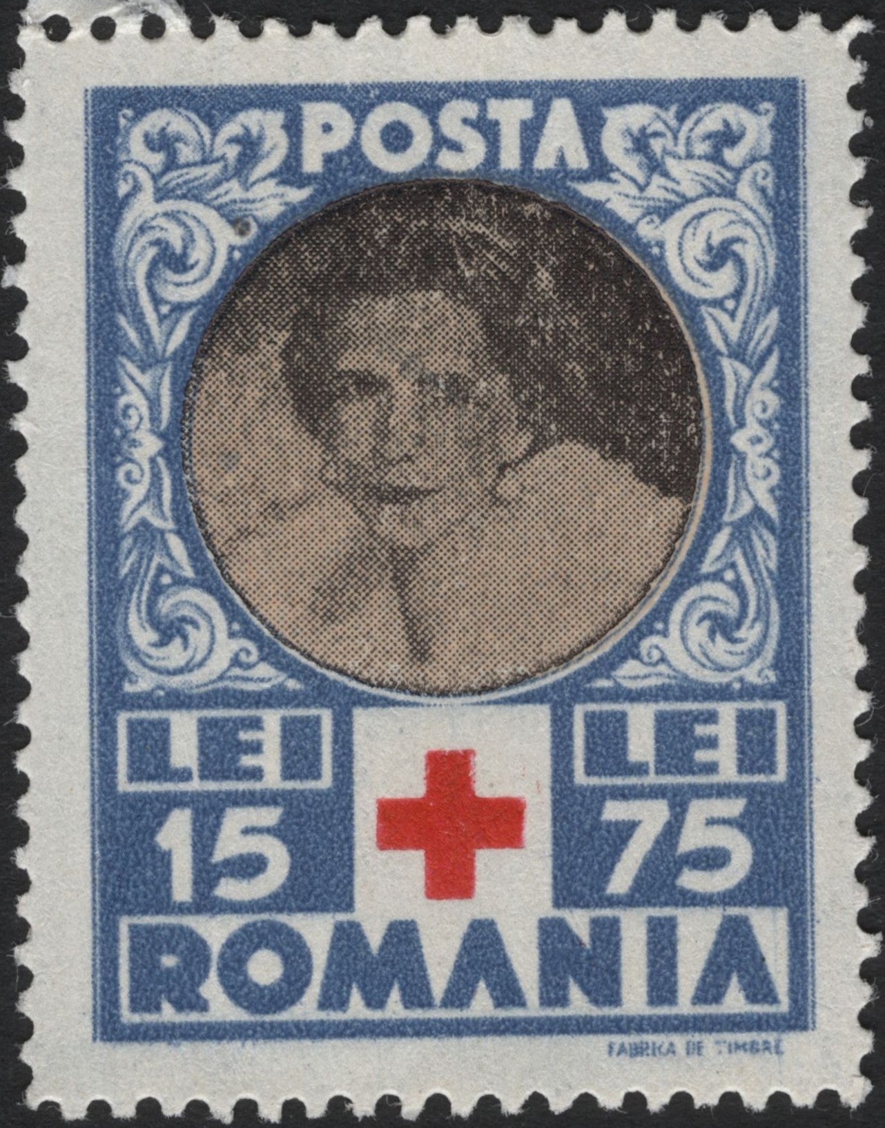 SCG4599 - Romania 1915 Red Cross Semi-Postal Stamp – Queen Marie Portrait (15+75 Lei)