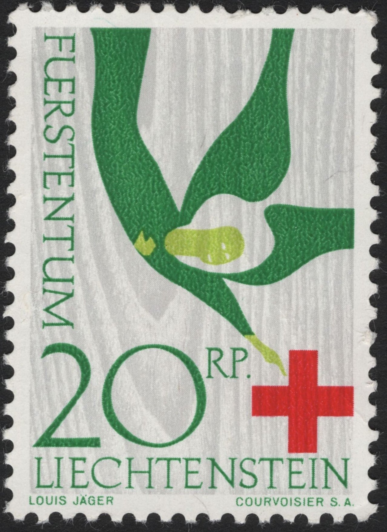 SCG4577 - Liechtenstein 1963 – Red Cross Centenary 20 Rp Green & White Design