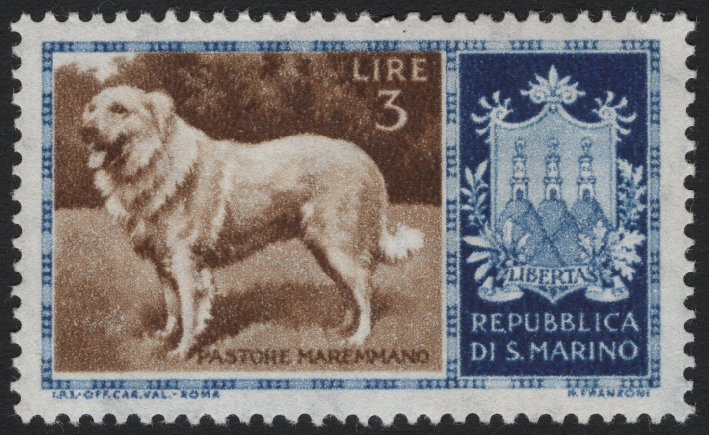 SCG4628 - San Marino 1950s – 3 Lire Pastore Maremmano Dog Stamp