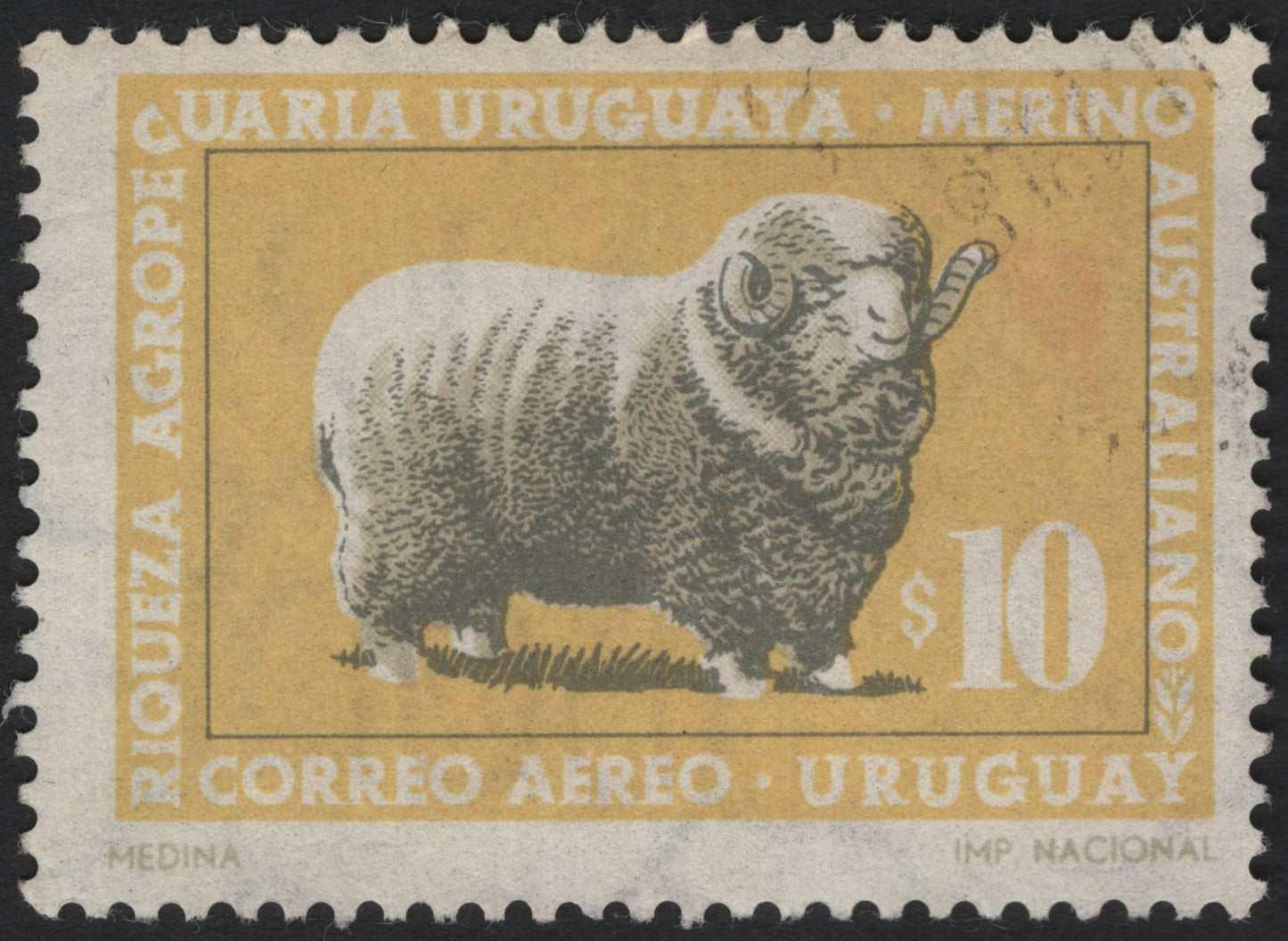 SCG4640 - Uruguay 1959 $10 Merino Sheep Airmail Stamp