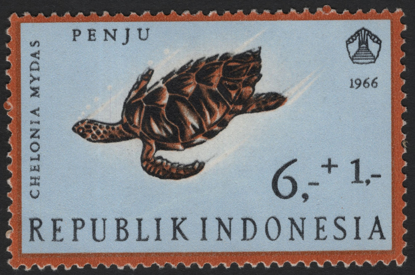 SCG4643 - Indonesia 1966 – Green Sea Turtle (Chelonia mydas) – 6+1 Rupiah