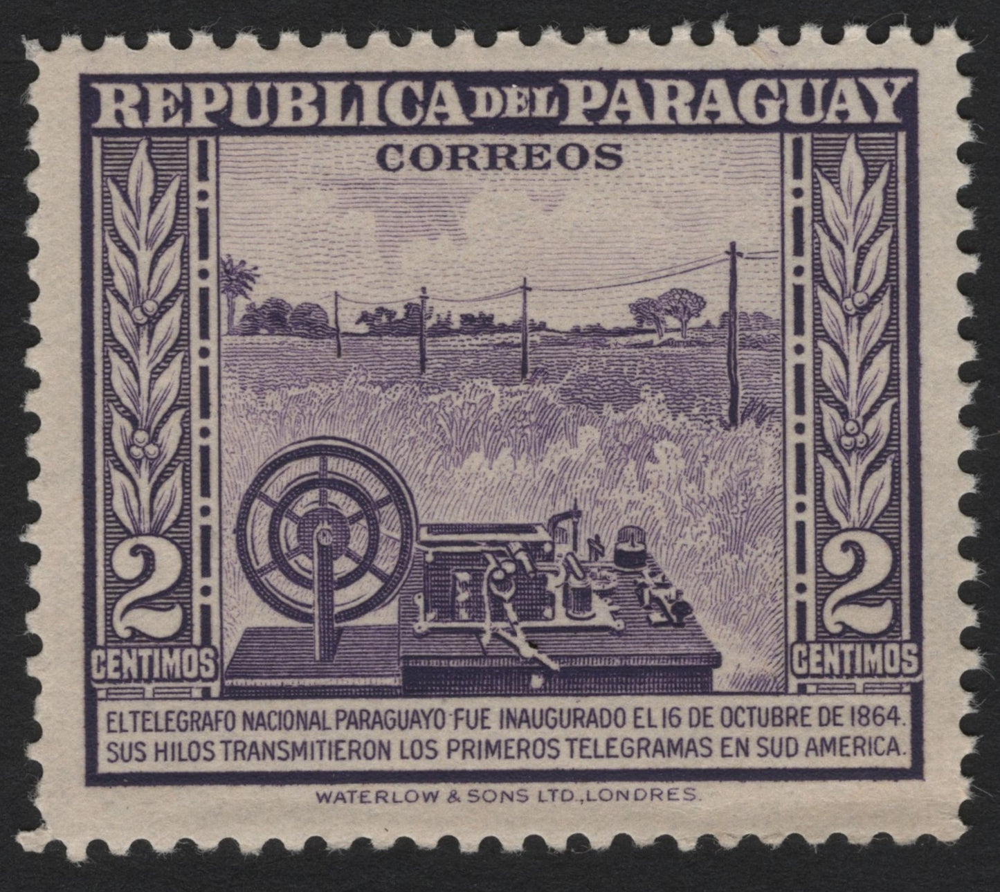SCG4698 - Paraguay 1864 Telegraph Commemoration – 2 Céntimos Violet