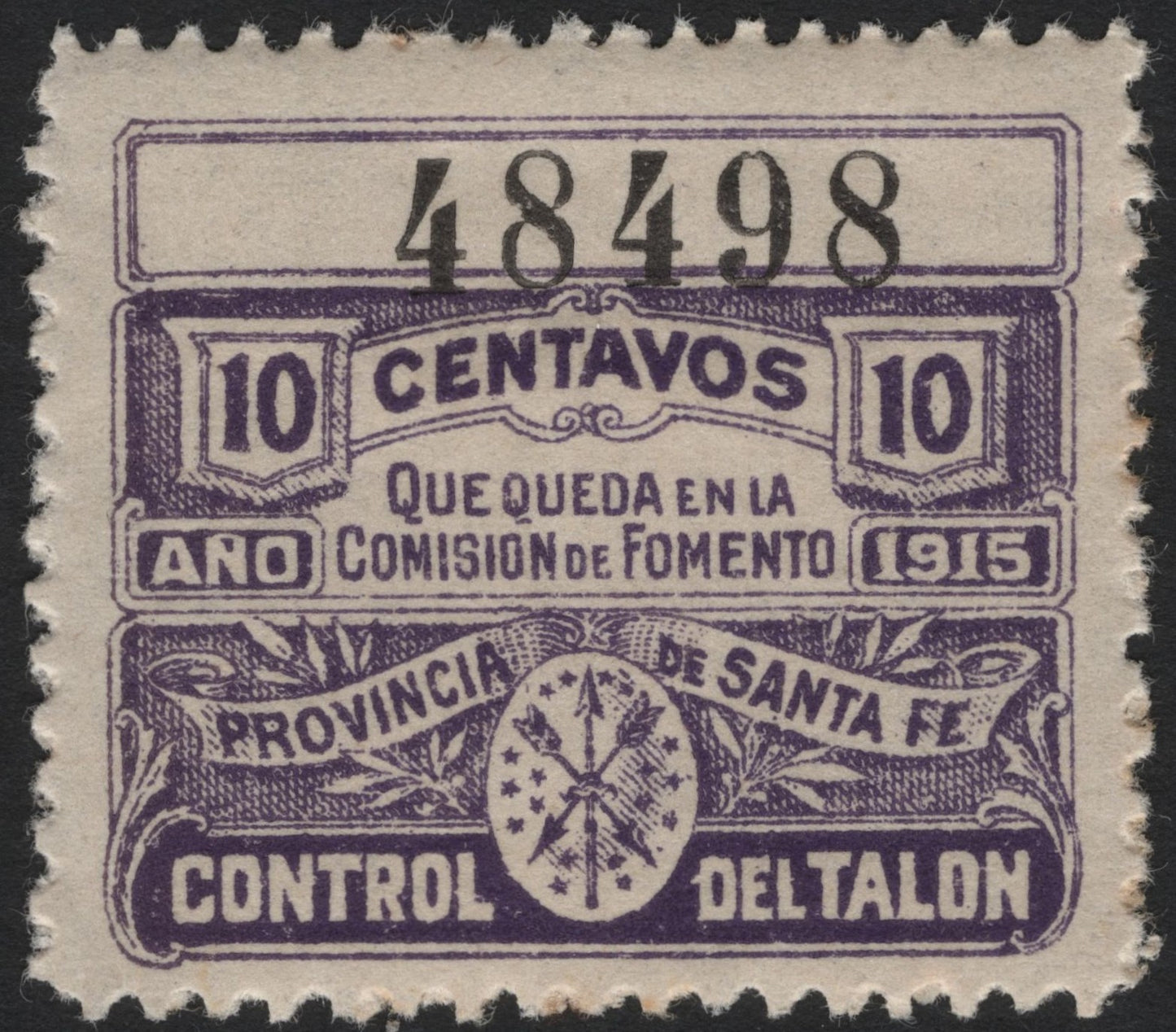 SCG4703 - Argentina – Santa Fe Province Revenue Control Stamp (1915, 10 Centavos)