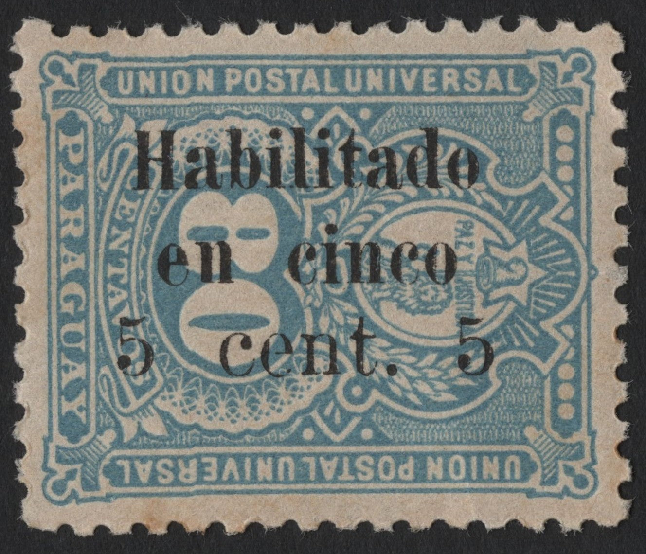 SCG4684 - Paraguay 1892 Overprinted Issue – 5 Centavos Black on Blue (UPU)