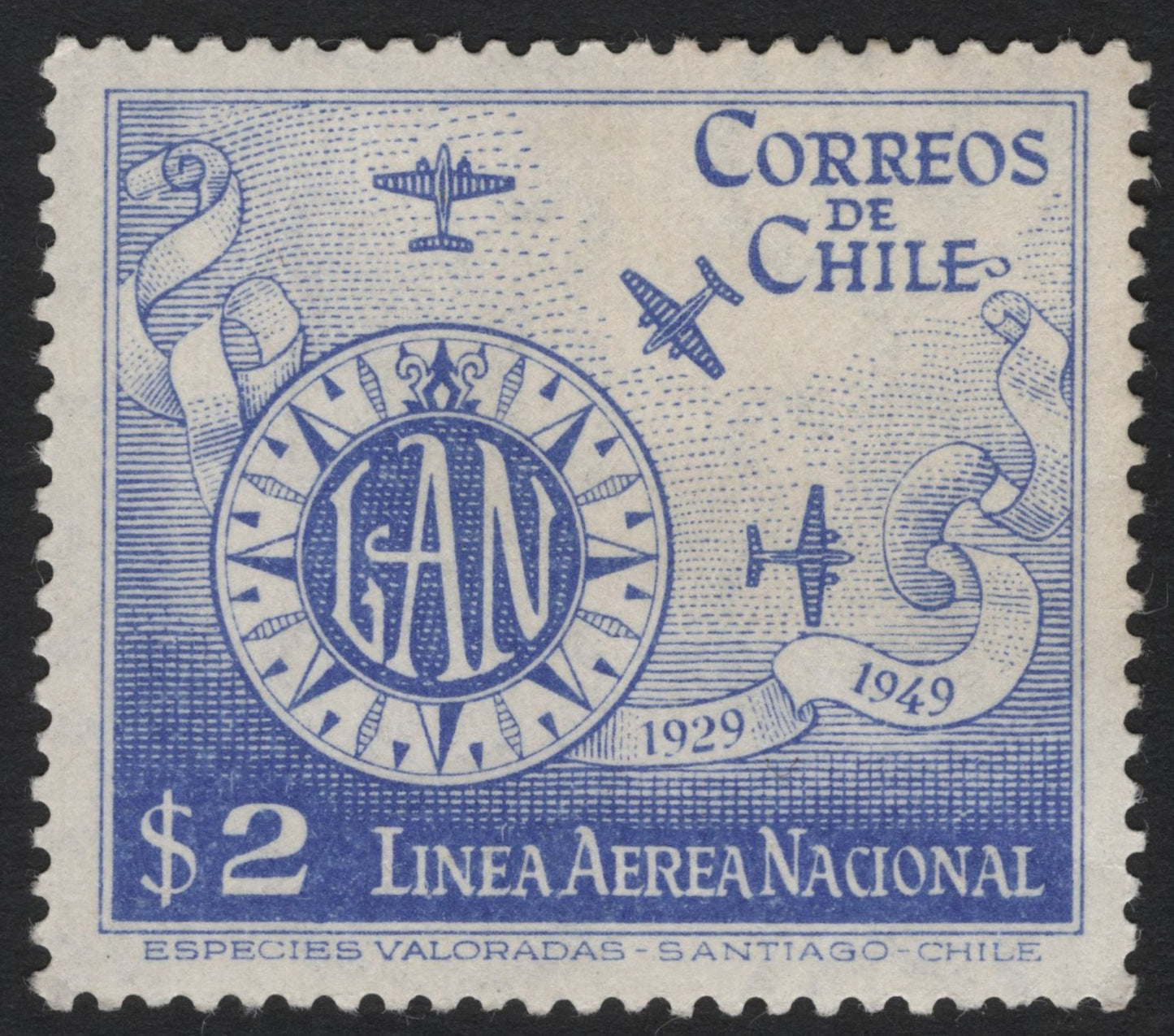SCG4730 - Chile 1949 – 20th Anniversary of Línea Aérea Nacional (LAN) $2 Airmail Stamp