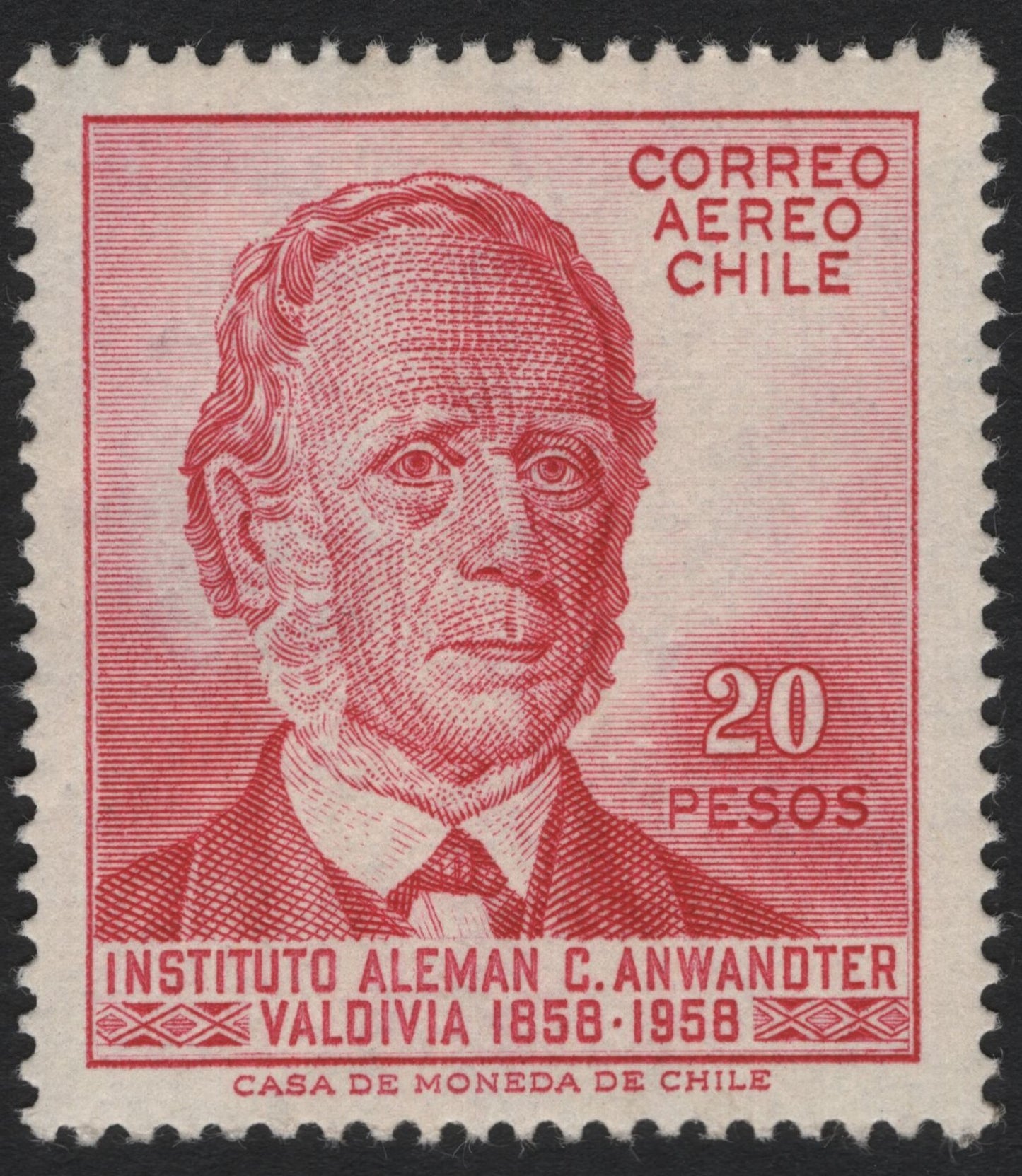SCG4756 - Chile 1958 – 20 Pesos Airmail Stamp – Instituto Alemán Carlos Anwandter, Valdivia Centenary