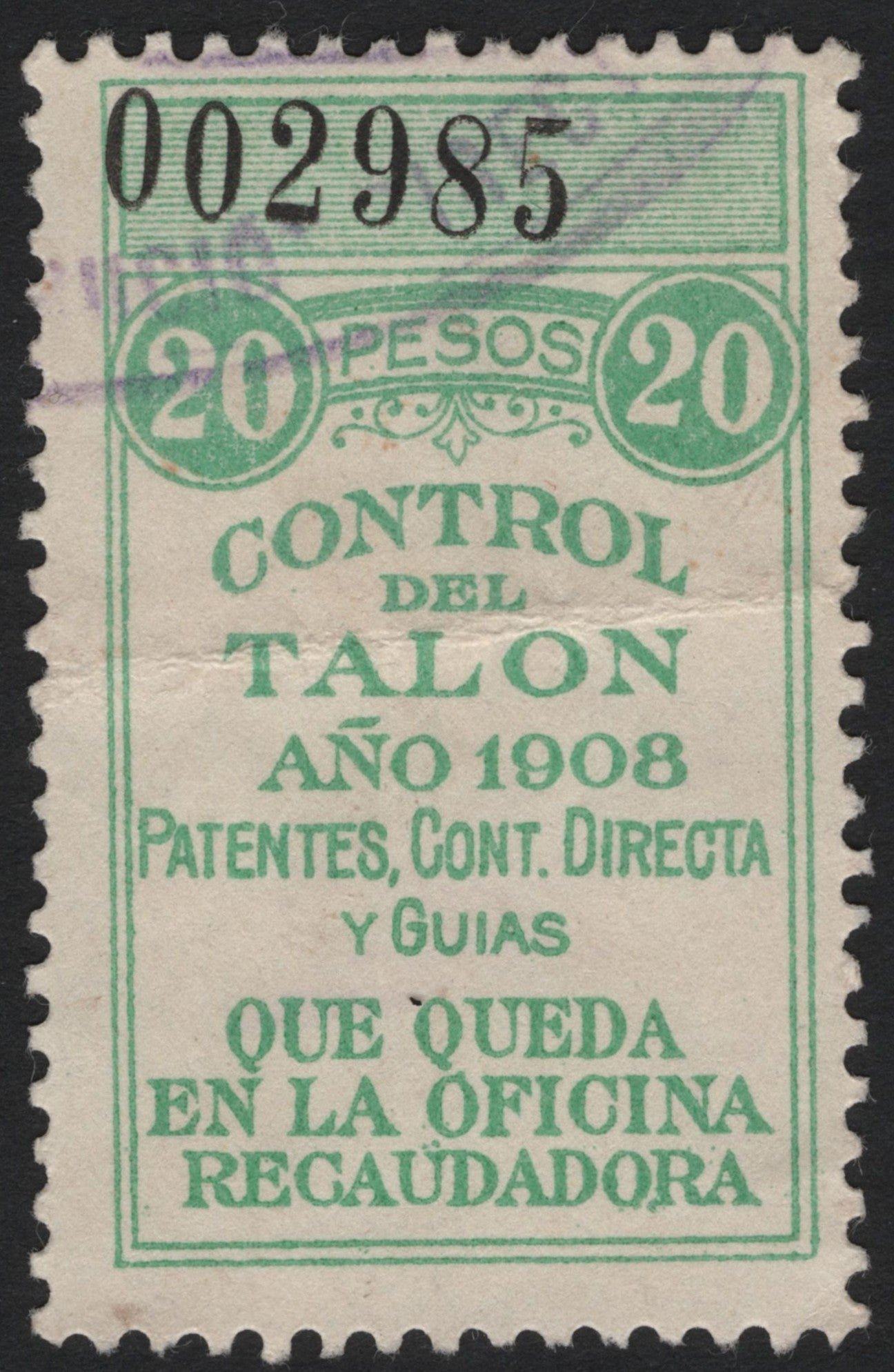 SCG4840 - Mexico 1908 Revenue Stamp – 20 Pesos Green (Control del Talón)