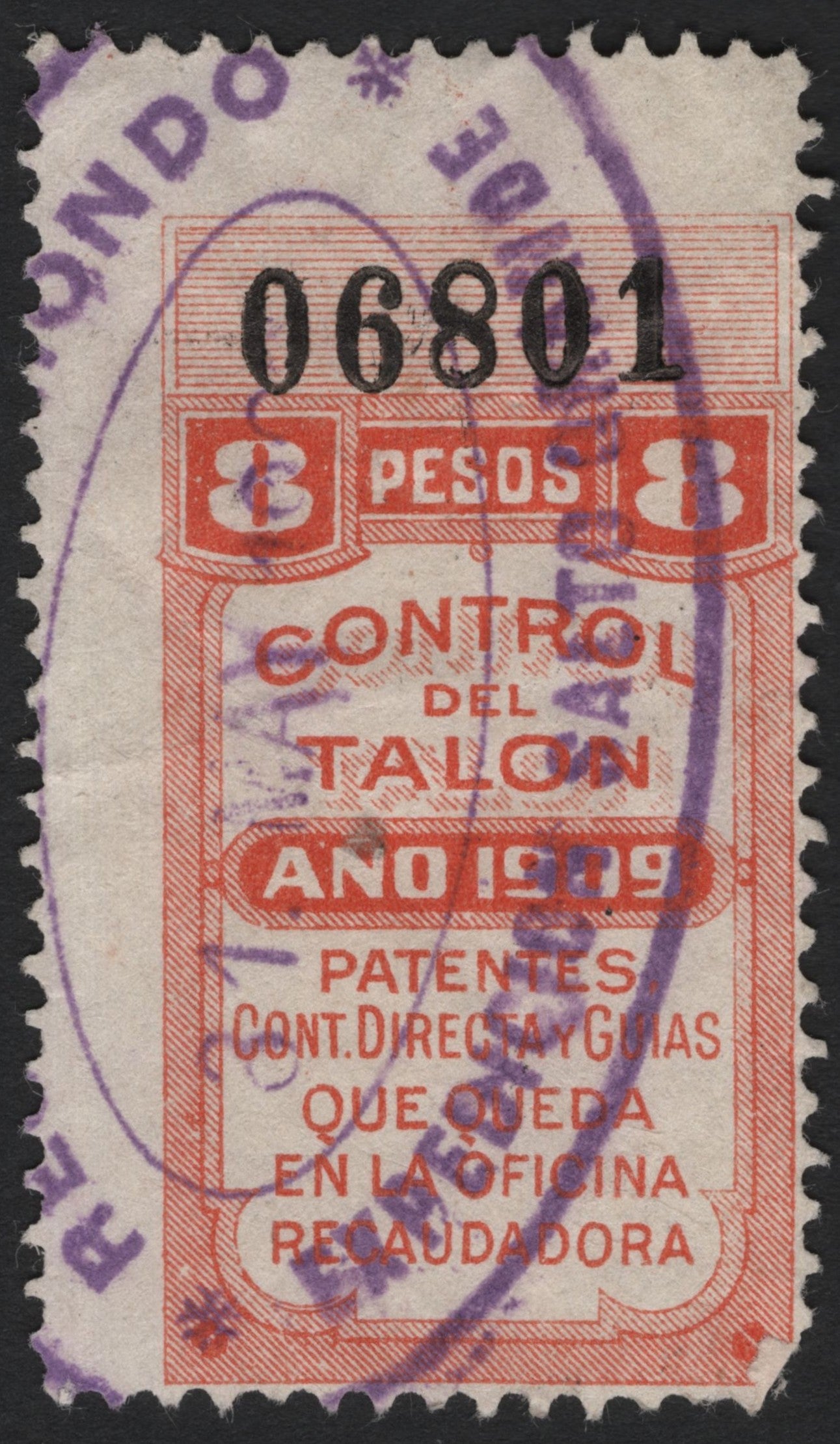 SCG4842 - Mexico 1909 Fiscal Revenue Stamp – 8 Pesos, Control del Talon