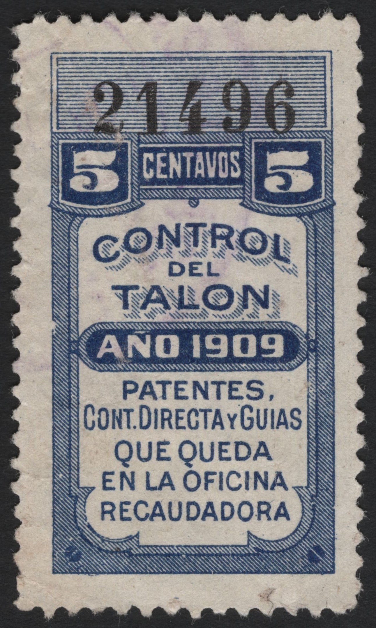 SCG4843 - Mexico 1909 Revenue Stamp – 5 Centavos “Control del Talon”
