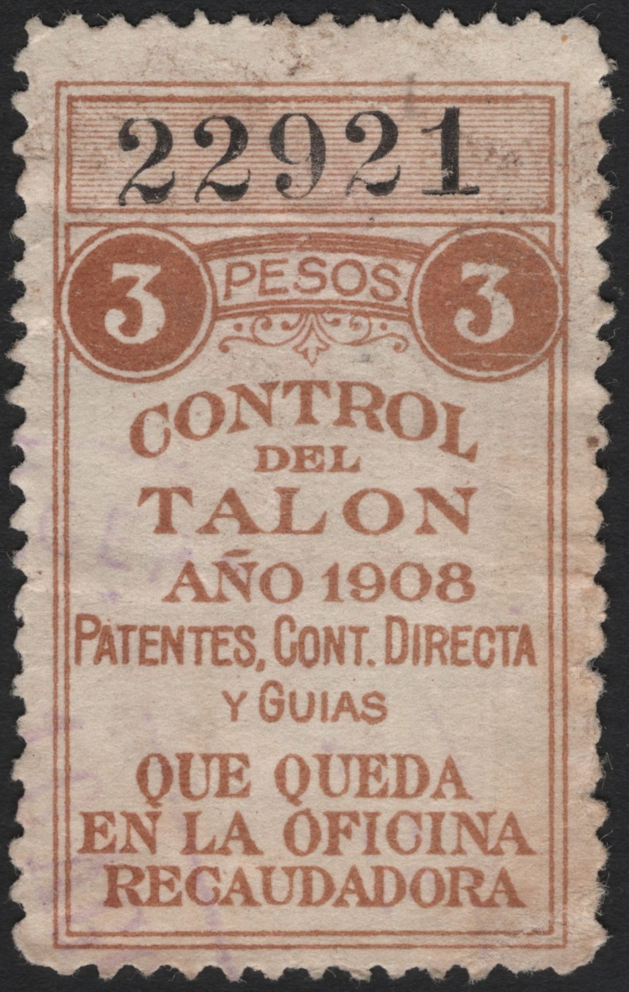 SCG4848 - Mexico 1908 Revenue Stamp – 3 Pesos "Control del Talon"