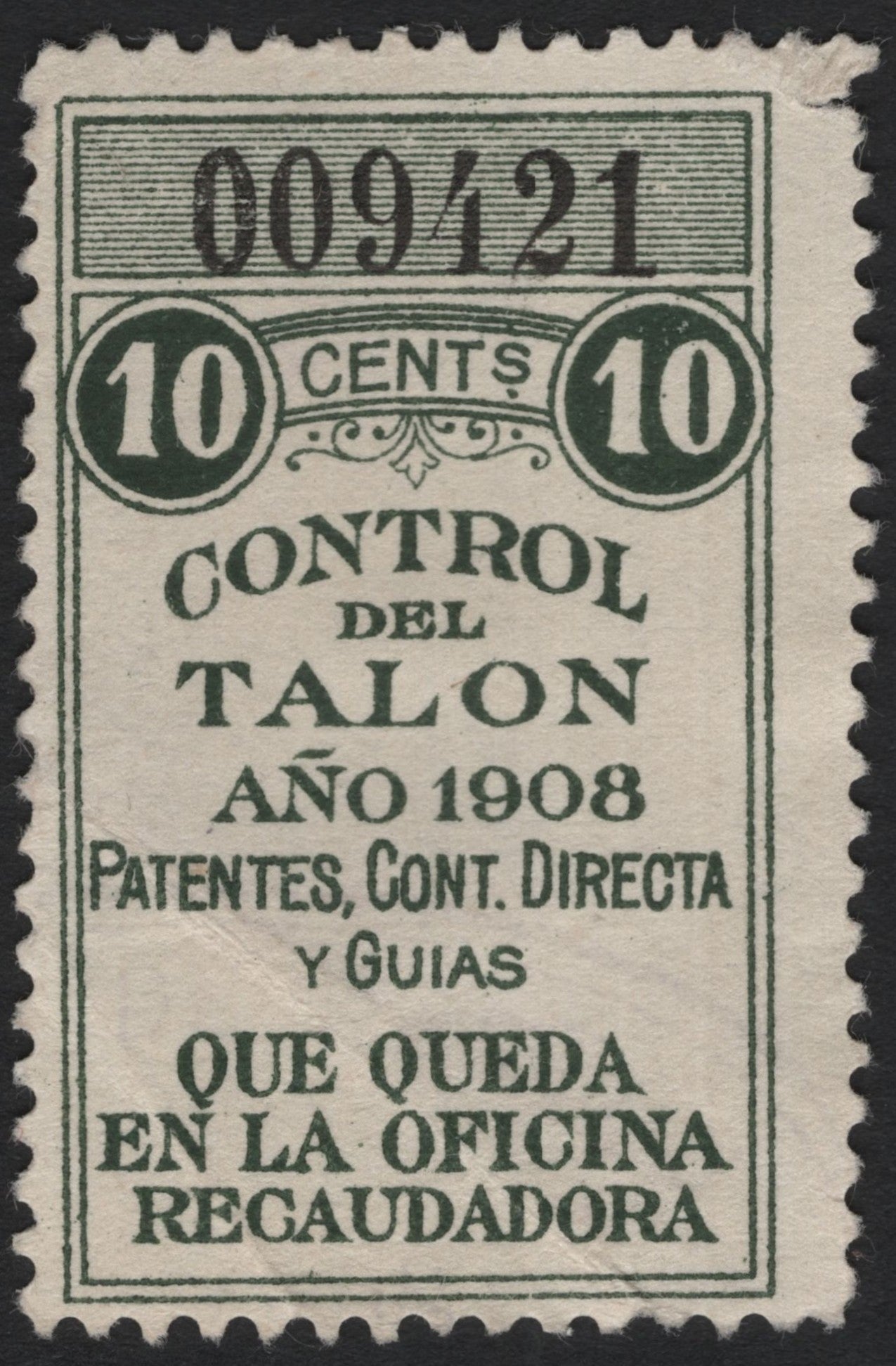 SCG4853 - Mexico 1908 Revenue Stamp – 10 Cents "Control del Talon"