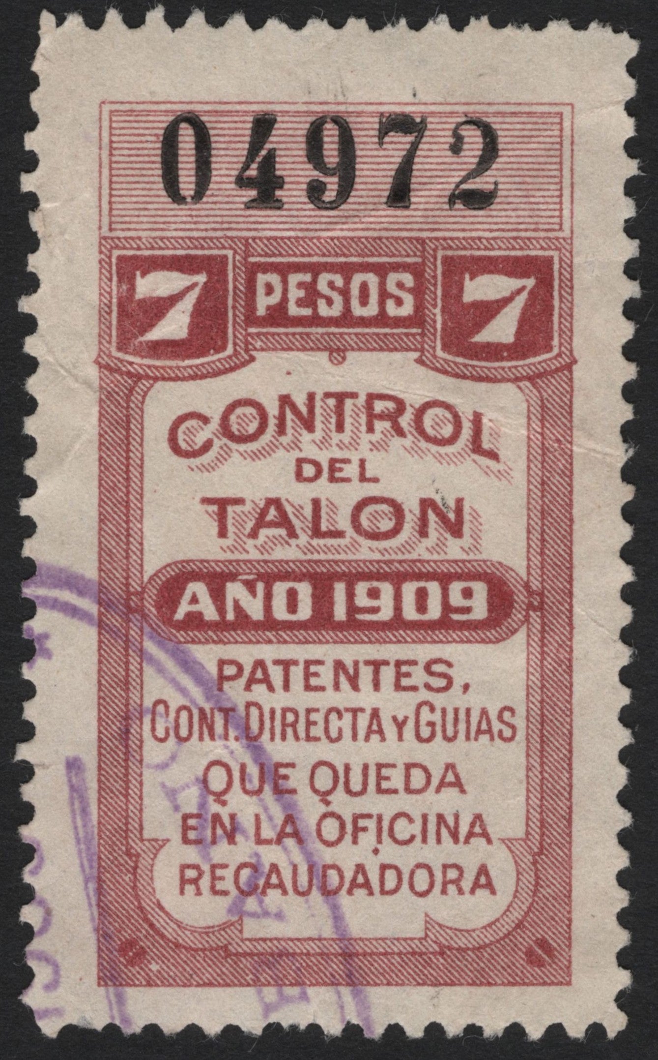 SCG4835 - Mexico 1909 Revenue Stamp – 7 Pesos "Control del Talon"