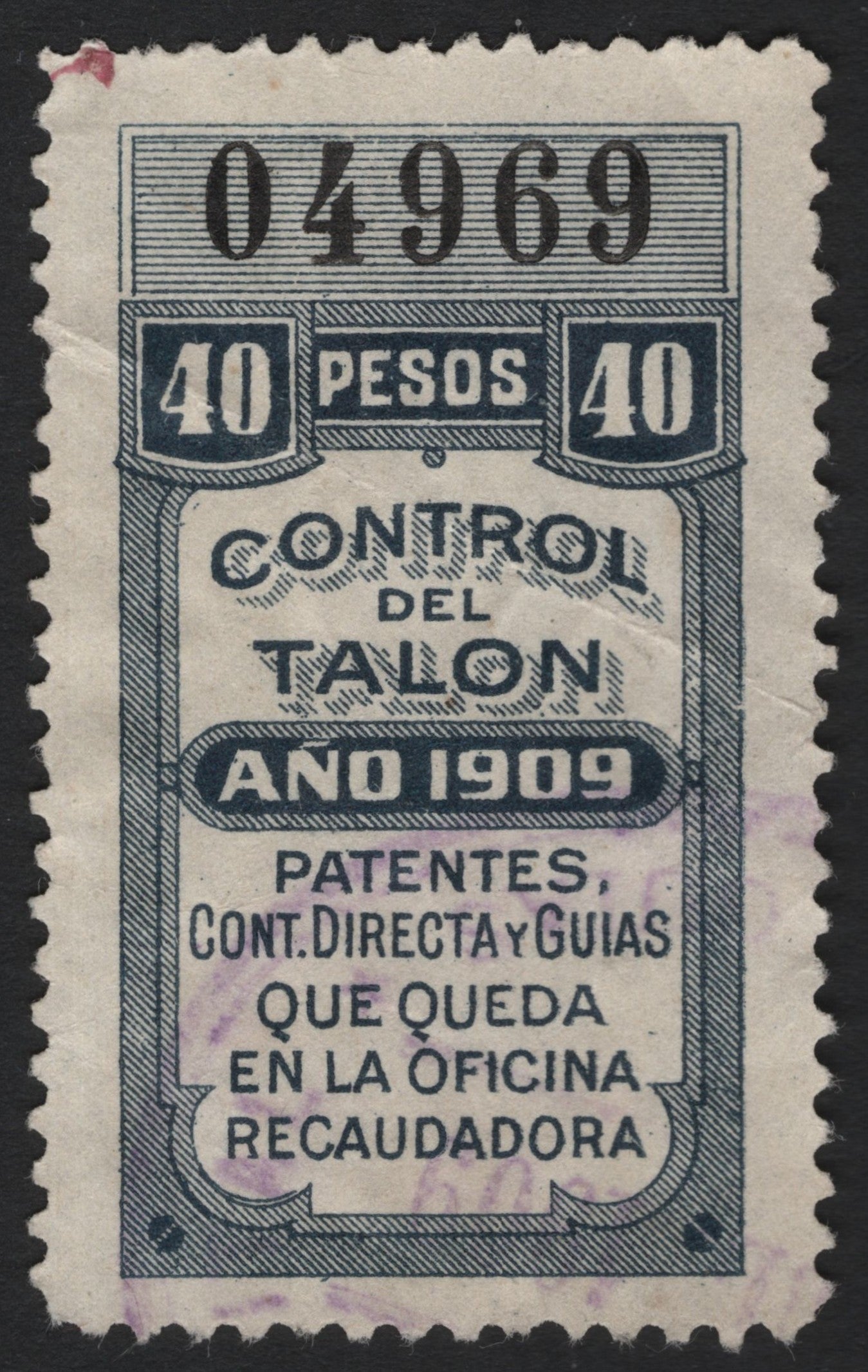 SCG4837 - Mexico 1909 Revenue Stamp – 40 Pesos "Control del Talón"