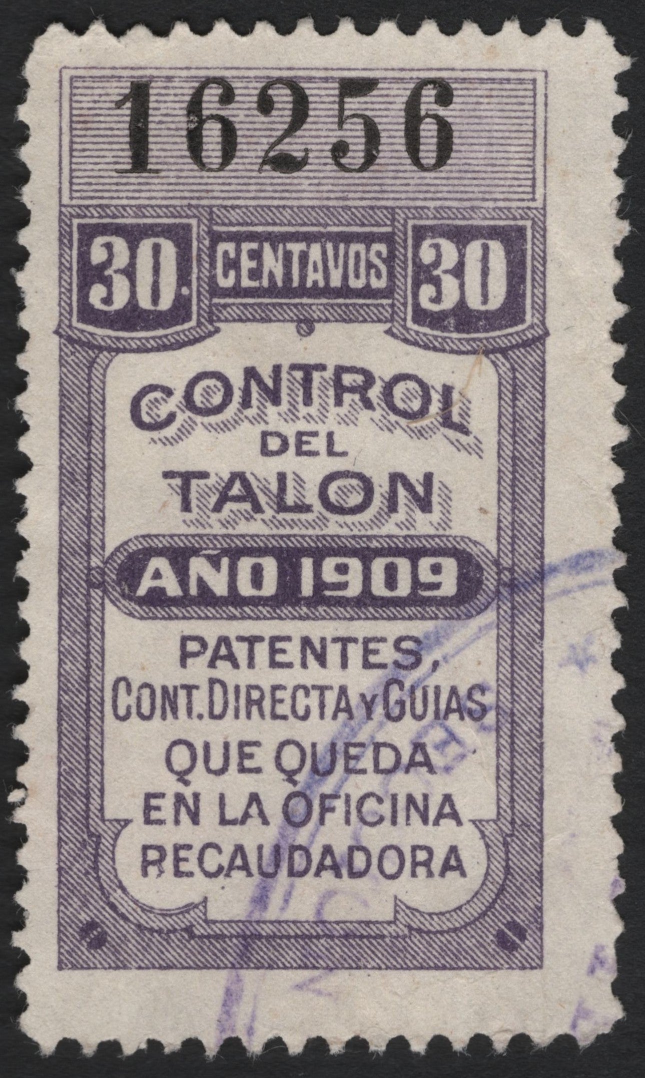 SCG4838 - Mexico 1909 Revenue Stamp – Control del Talon, 30 Centavos