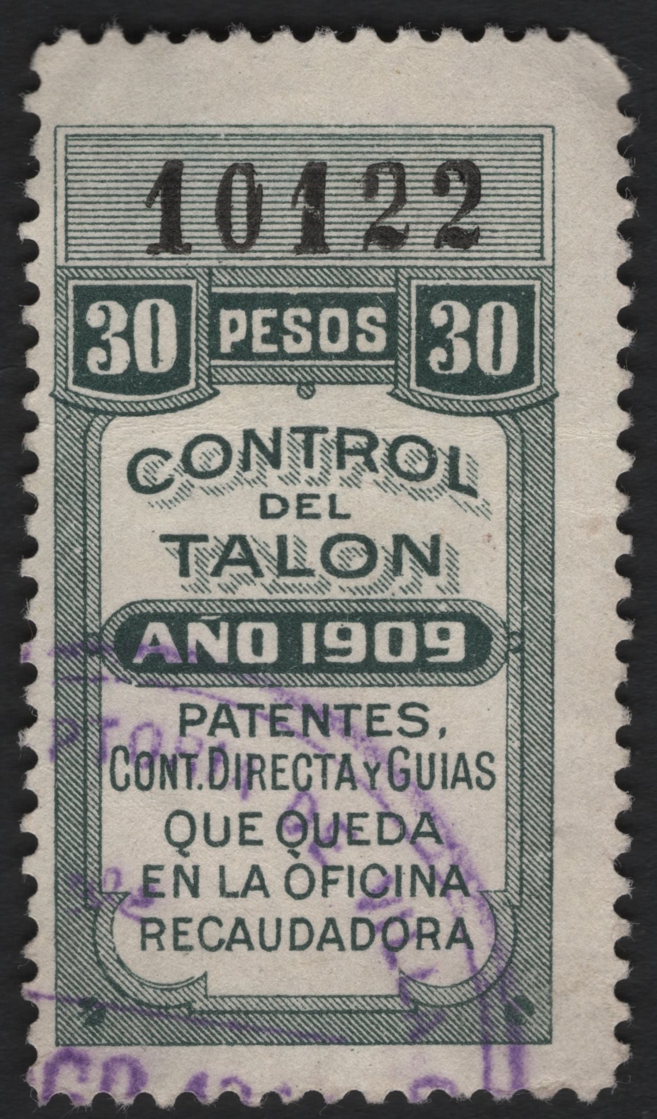 SCG4857 - Mexico 1909 Revenue Stamp – Control del Talon, 30 Pesos
