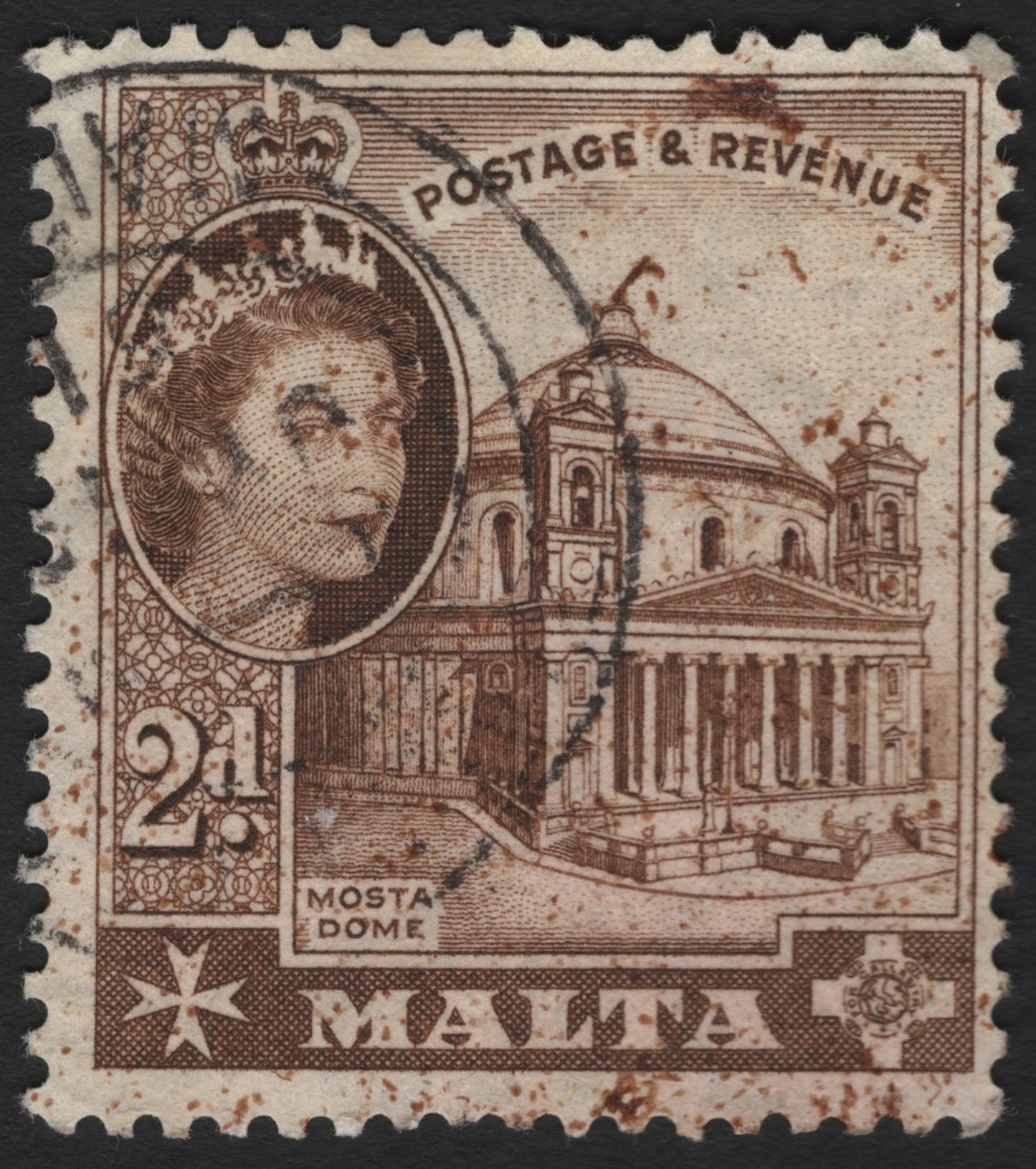 SCG4907 - Malta 1956 – Queen Elizabeth II & Mosta Dome, 2½d Brown