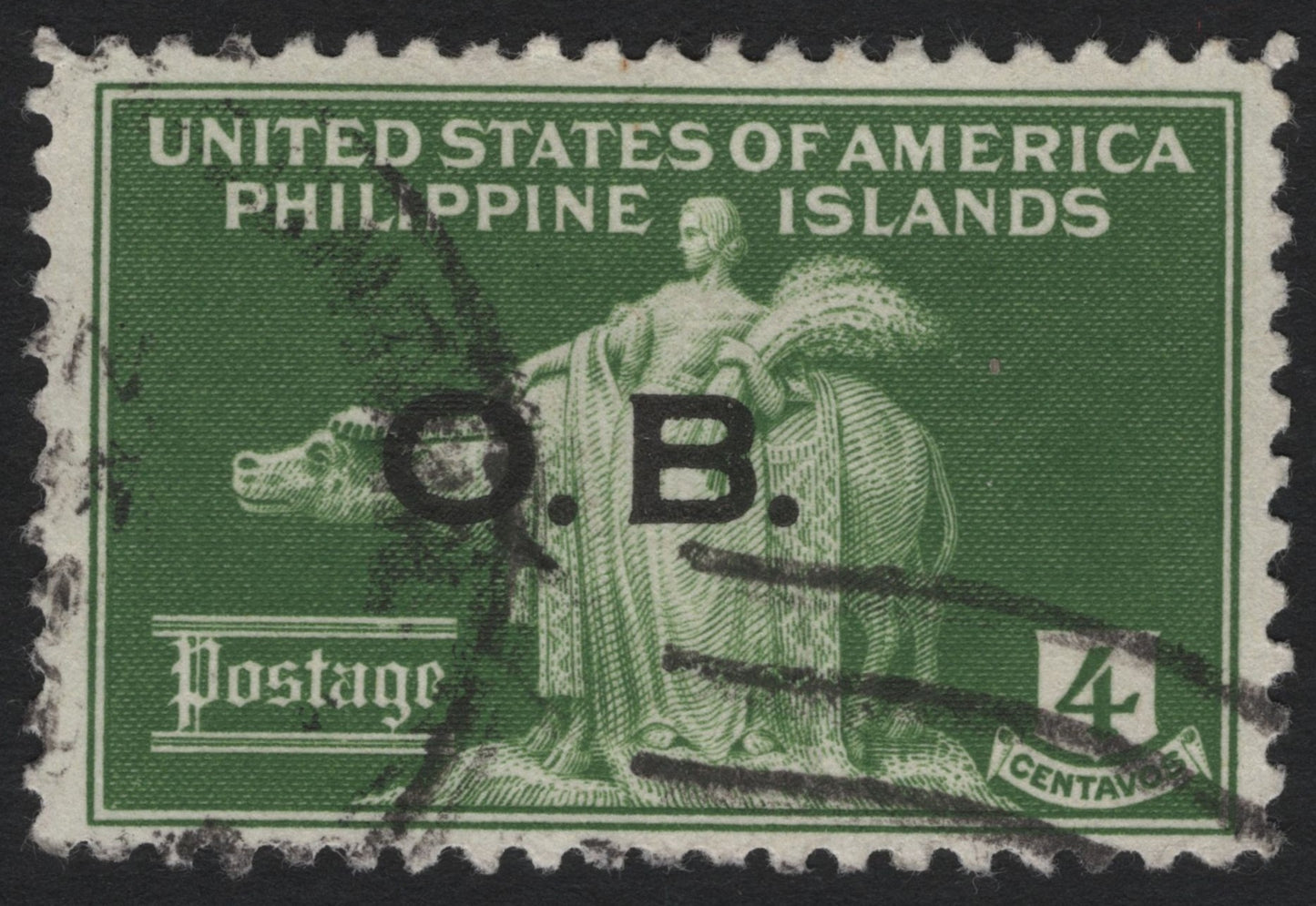 SCG4877 - Philippines (U.S. Administration) – 4 Centavos Green “Allegory of Abundance” with “O.B.” Overprint (Official Business), 1926