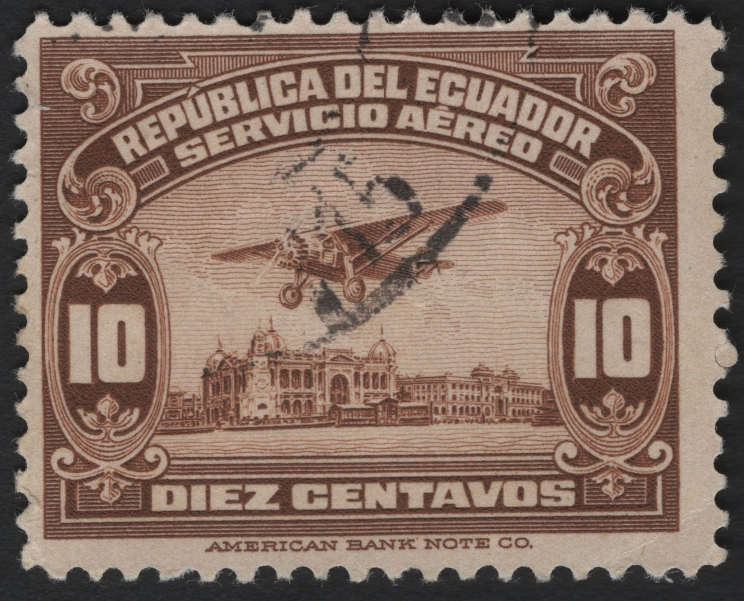 SCG4868 - Ecuador 1929 Airmail – 10 Centavos Brown "Plane over National Palace"