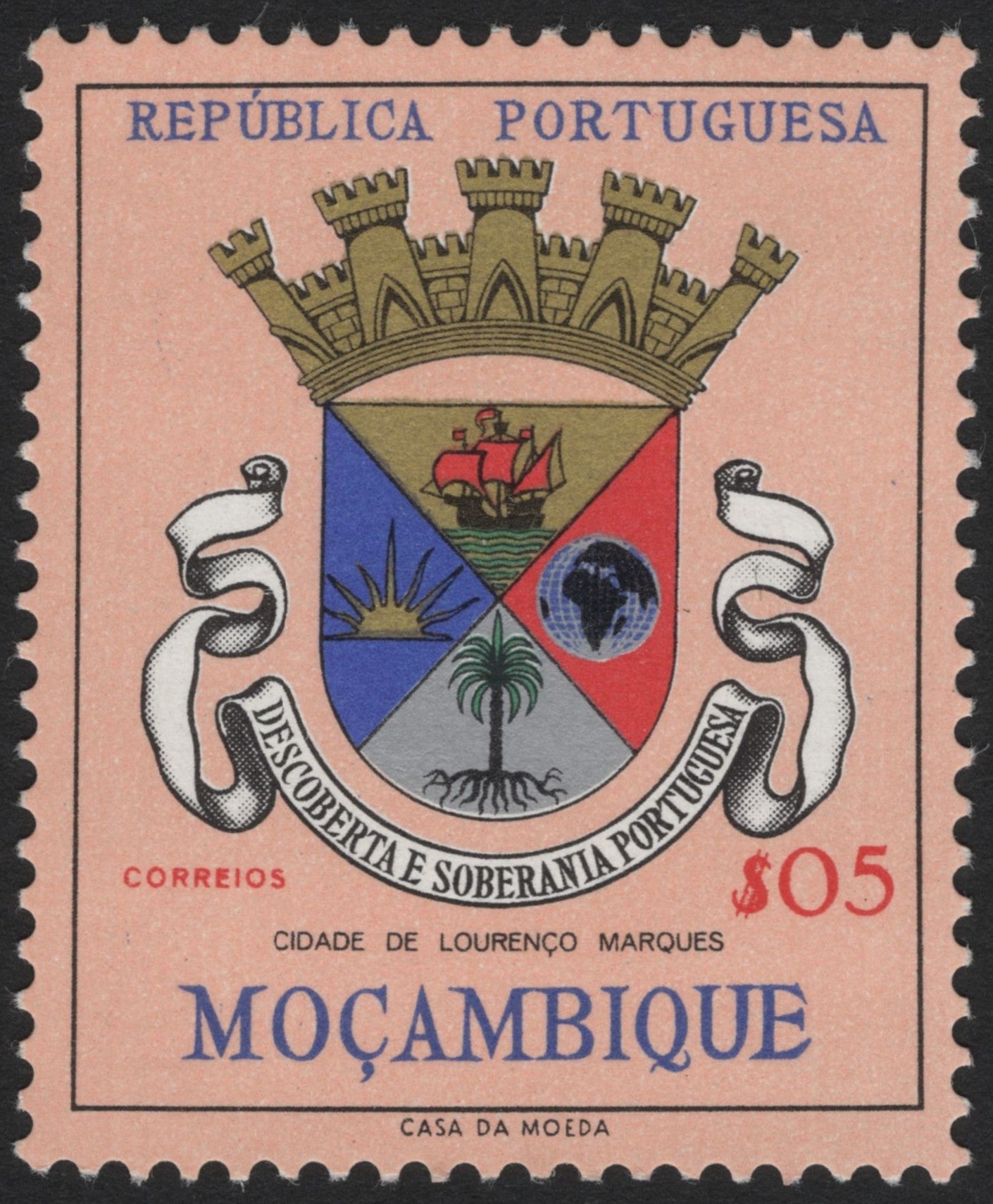 SCG4919 - Mozambique 5 Escudos – Coat of Arms of Lourenço Marques (Portuguese Republic Issue)