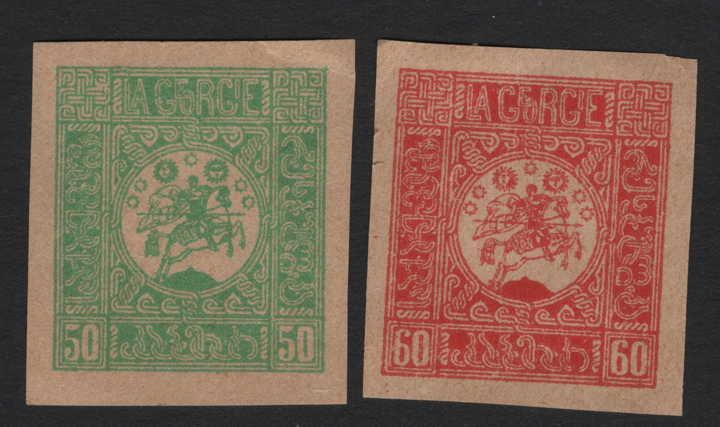 SCG4973 - Georgia 1919–1921 – St. George on Horseback, Imperforate Issues (50k Green & 60k Red)