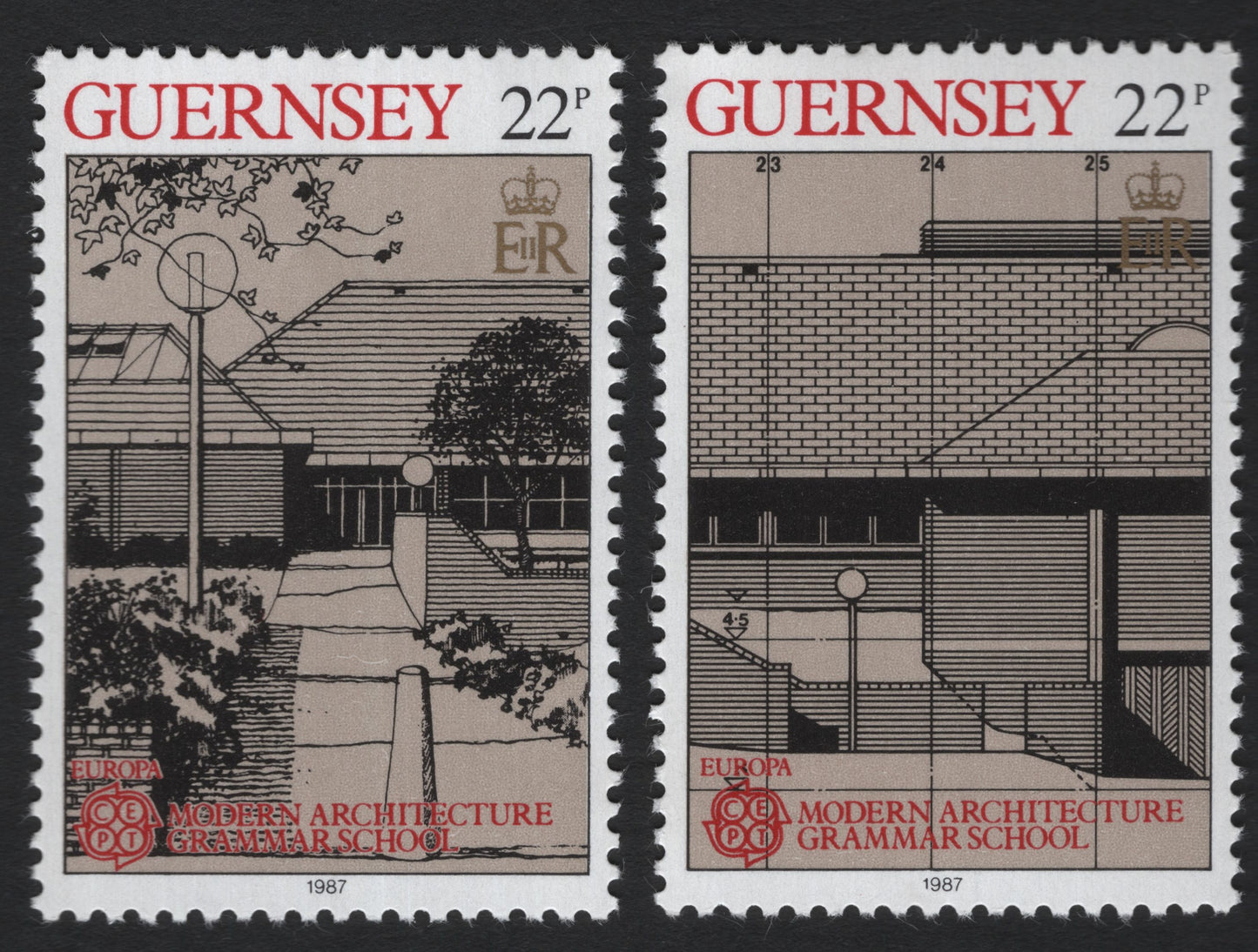 SCG5300 - Guernsey 1987 – Europa: Modern Architecture, Grammar School (22p Pair)