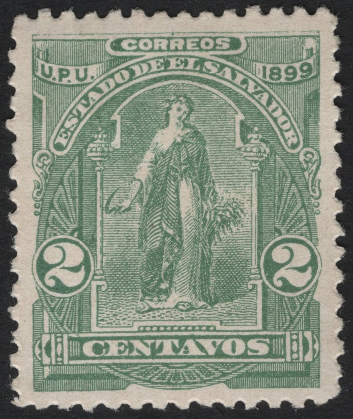 SCG5466 - El Salvador 1899 “UPU Allegory” 2 Centavos Green