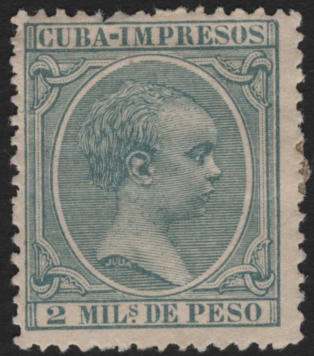 SCG5456 - Cuba 2 Milésimas de Peso “Impresos” Stamp (King Alfonso XII Portrait)
