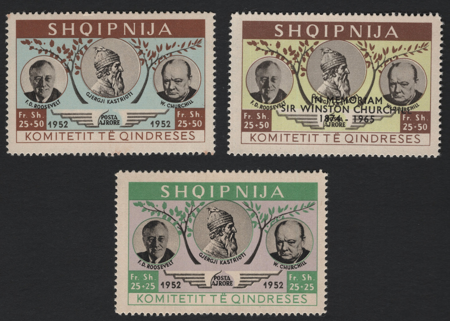 SCG5552 - Albania 1952 “Committee of Resistance” Airmail Issue – Roosevelt, Skanderbeg & Churchill
