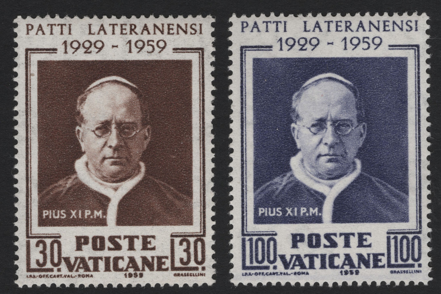 SCG5606 - Vatican City 1959 Lateran Treaty 30L & 100L Stamps – Pope Pius XI Commemoration