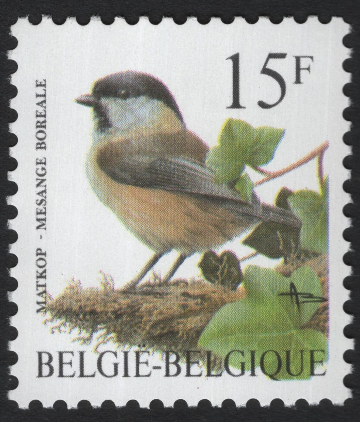 SCG6006 - Belgium 15 Franc “Marsh Tit” (Matkop – Mésange Boréale) Stamp