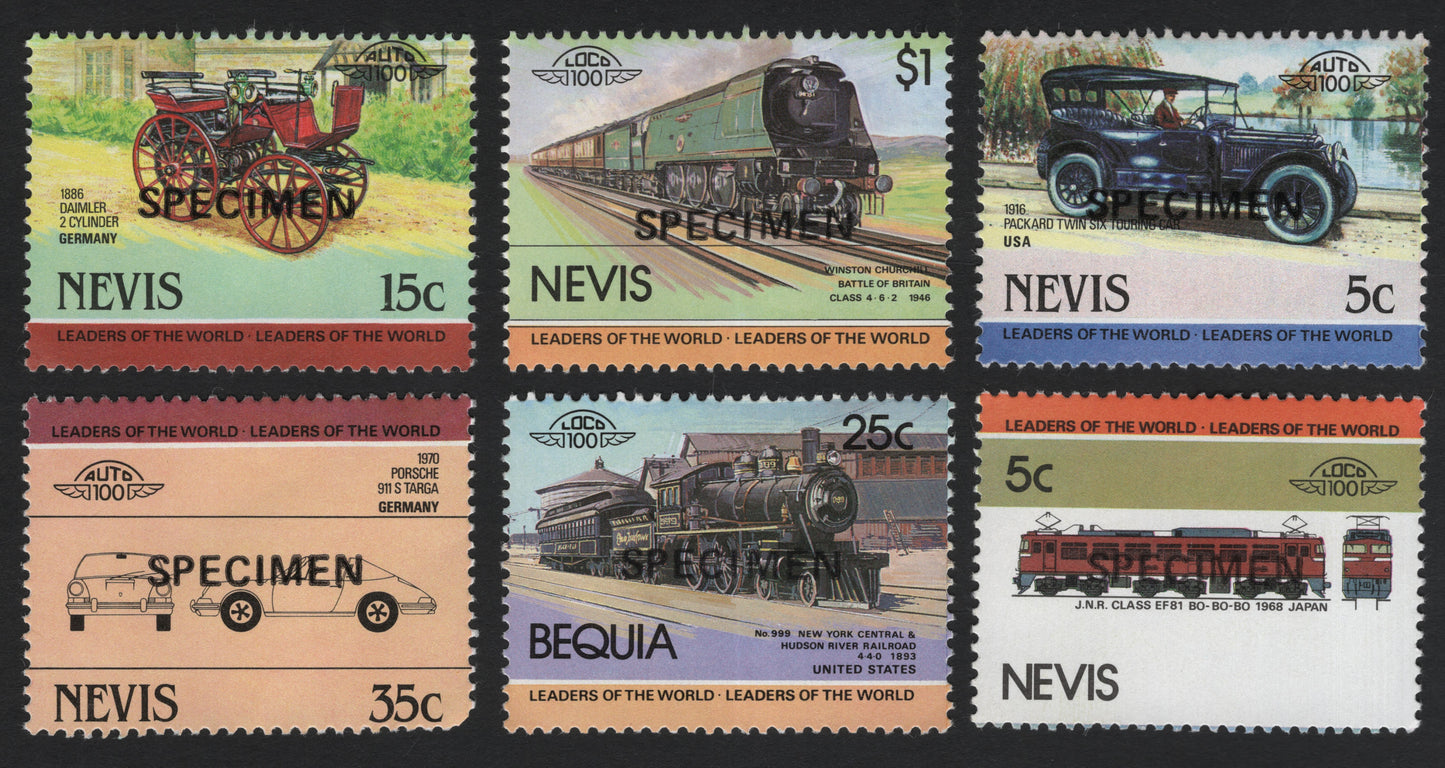 SCG5797 - Philatelic Entry — Nevis & Bequia “Leaders of the World” Specimen Set (Automobiles and Locomotives)