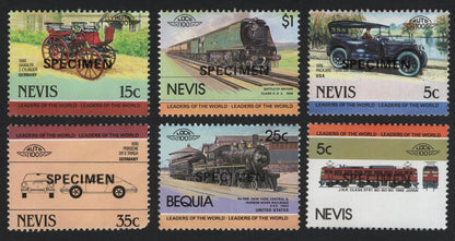 SCG5797 - Philatelic Entry — Nevis & Bequia “Leaders of the World” Specimen Set (Automobiles and Locomotives)