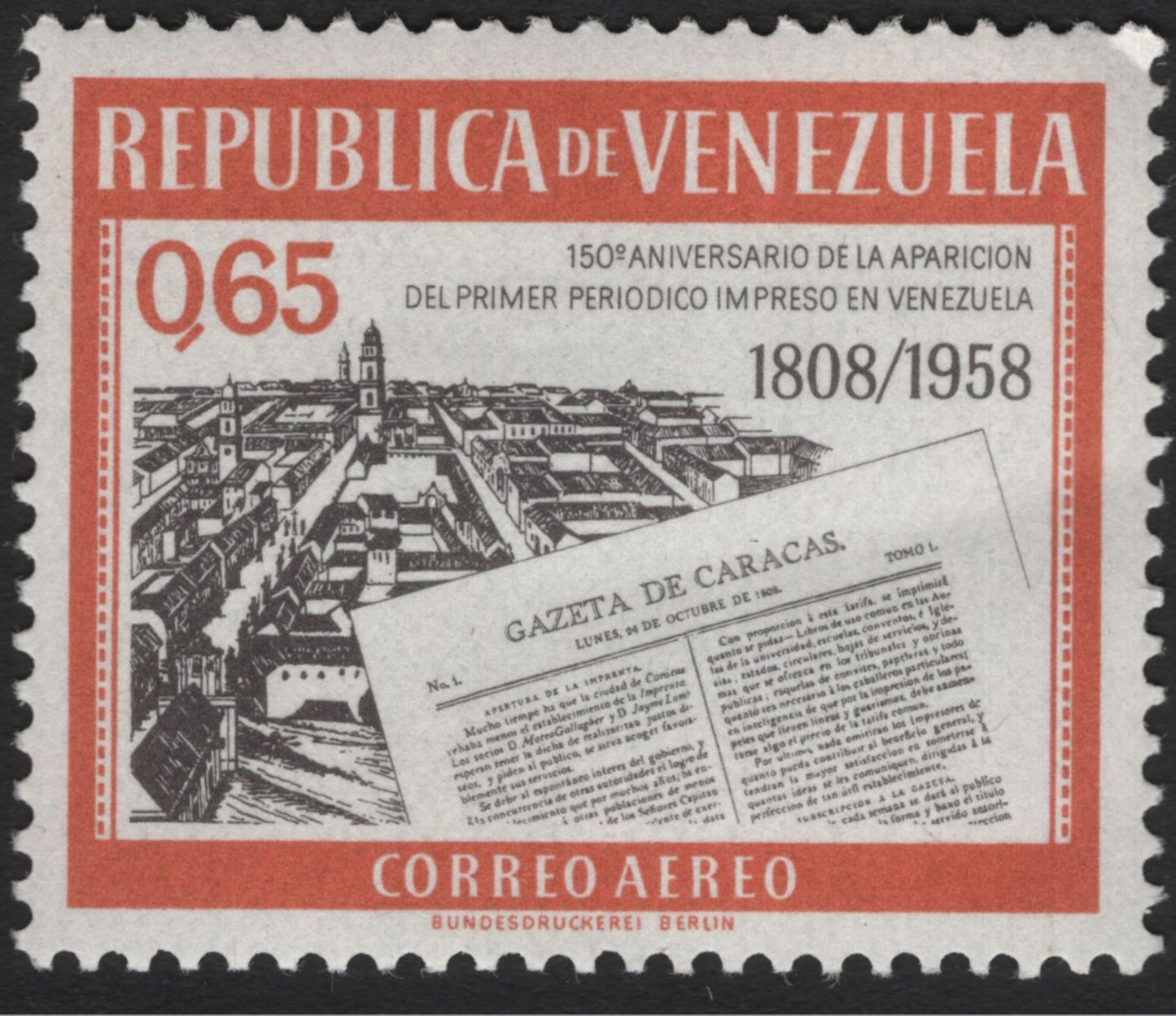 SCG5819 - Venezuela 1958 – 150th Anniversary of the First Printed Newspaper