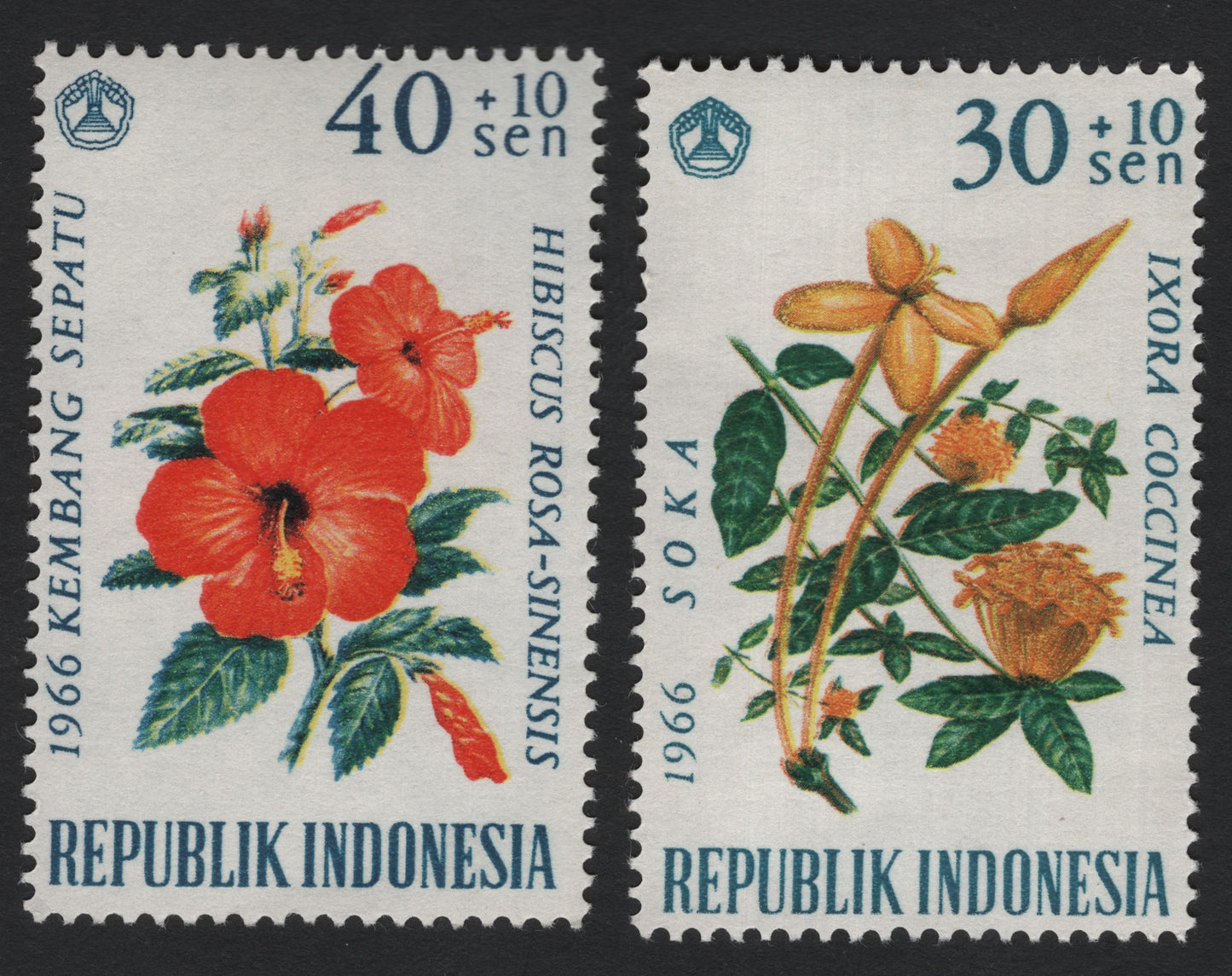 SCG5907 - Indonesia 1966 Floral Semi-Postal Stamps – Hibiscus & Ixora