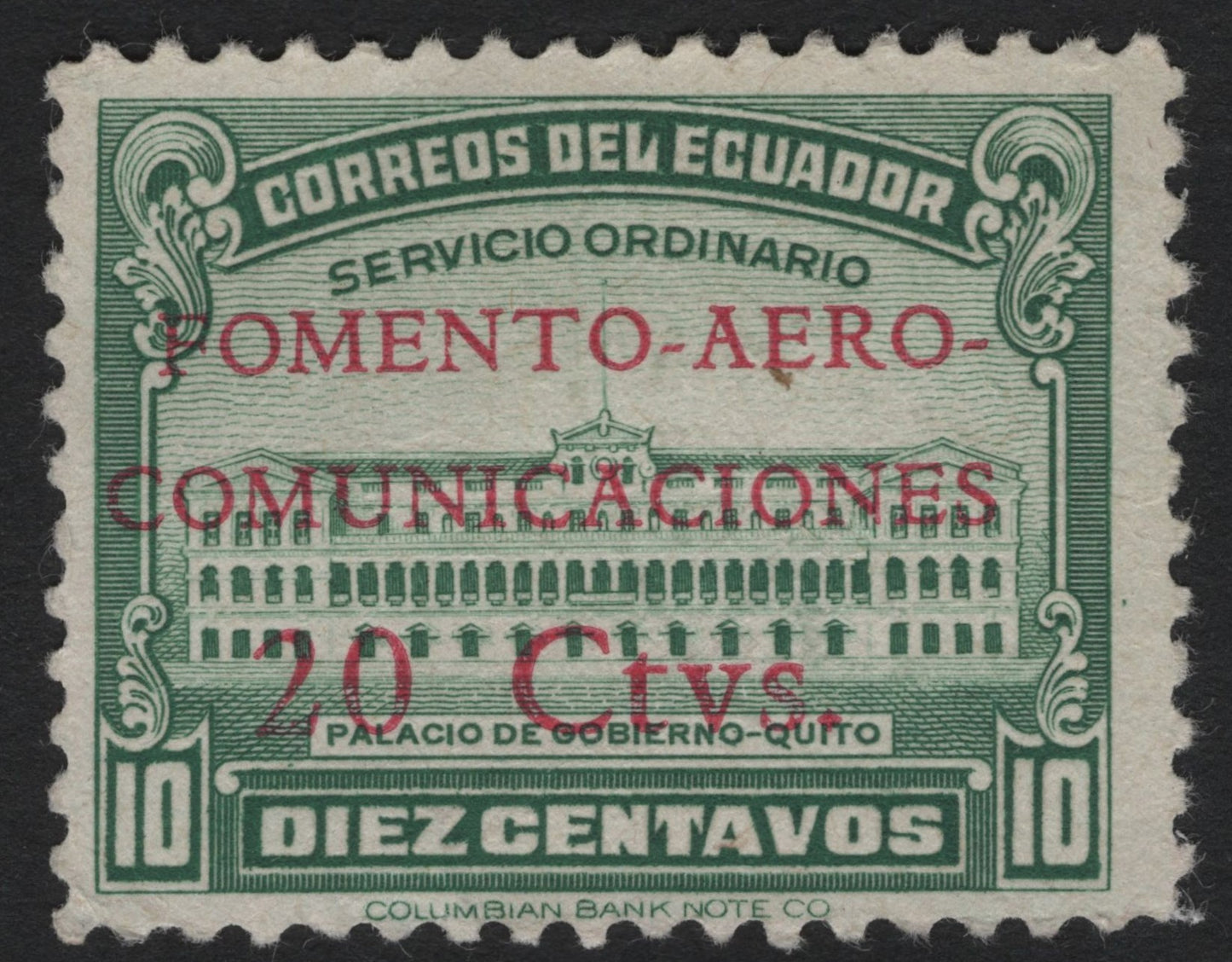 SCG6177 - Ecuador 20 Centavos “Fomento Aerocomunicaciones” Overprint on 10c Palacio de Gobierno, Quito