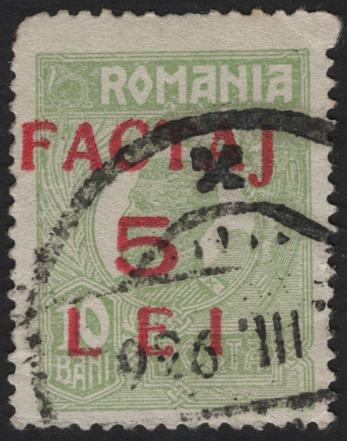 SCG6211 - Romania – “Factaj” 5 Lei on 10 Bani Green Overprint (c.1920s)