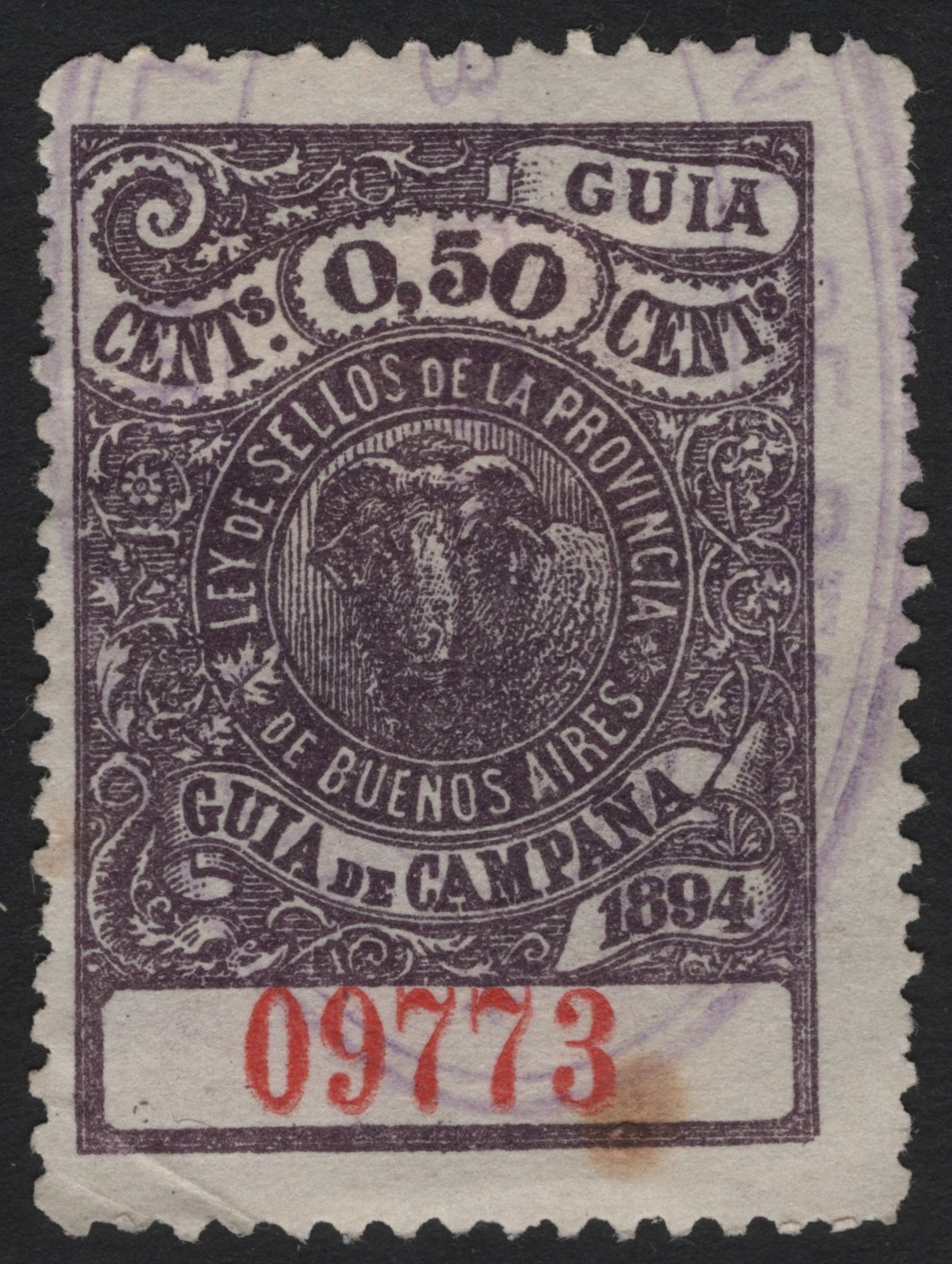SCG6196 - Argentina – Buenos Aires Provincial Revenue “Guía de Campaña” 1894 (0.50 Centavos, Ram’s Head Design)