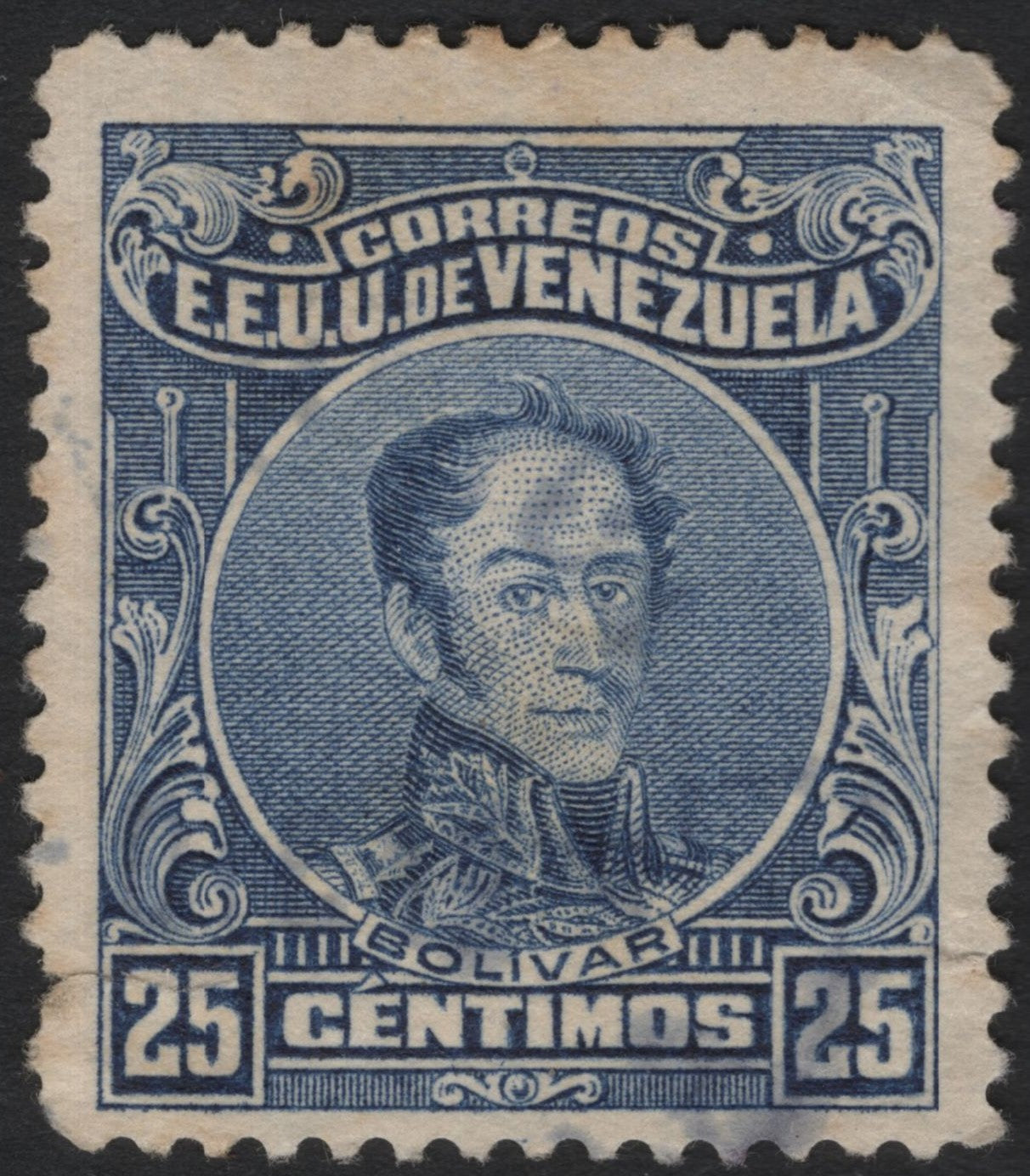 SCG6212 - Venezuela 25 Céntimos Blue — Simón Bolívar Portrait (Early 20th Century Issue)