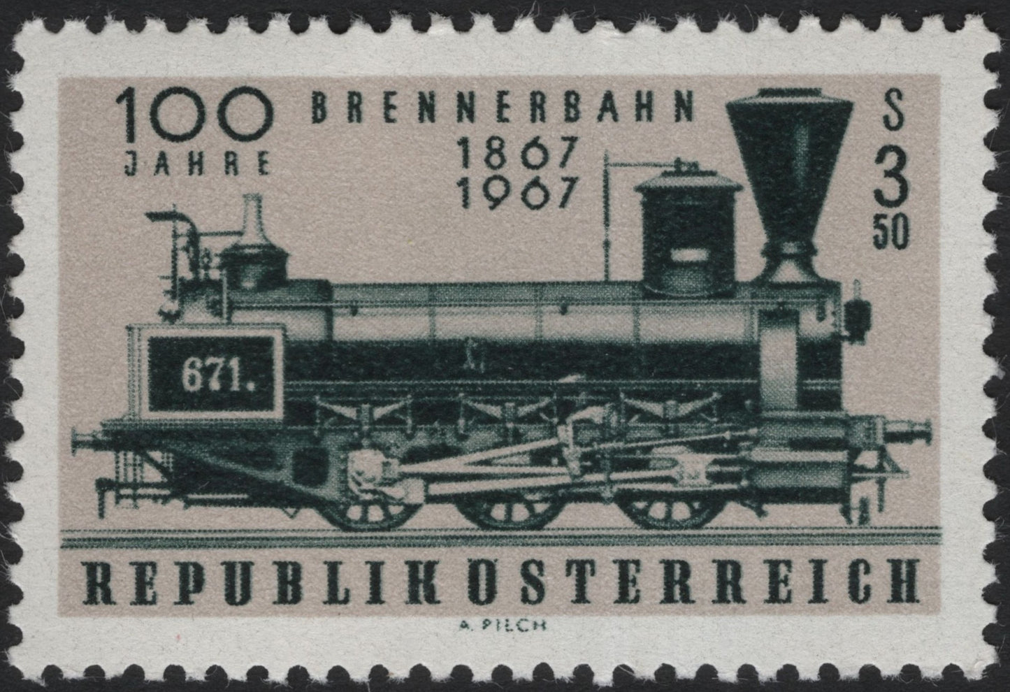 SCG8182 - Austria – 1967 “100 Years of the Brenner Railway” (Brennerbahn) Commemorative Stamp