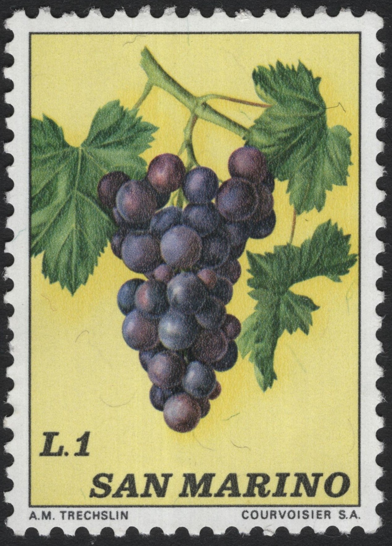 SCG8266 - San Marino 1 Lira “Grapes” Definitive (A.M. Trechslin Design, Courvoisier Printing)