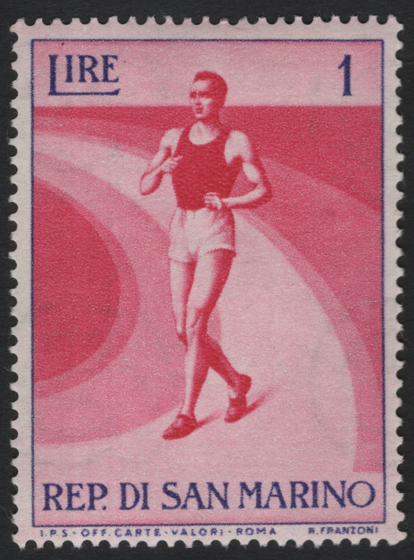 SCG8588 - San Marino 1 Lira “Athletics” Stamp (1957)