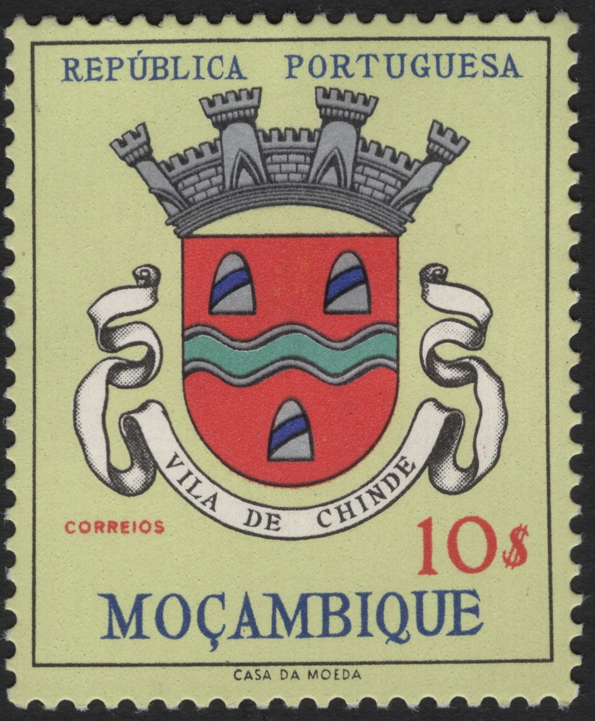 Chinde SCG8761 - Mozambique 10$ “Vila de Chinde” Coat of Arms Stamp (Portugue ...