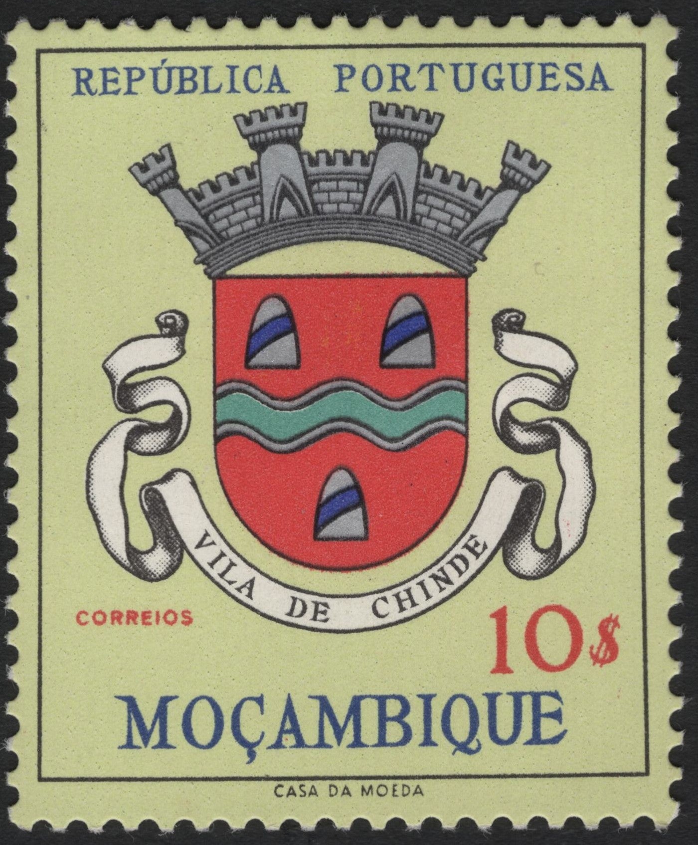 SCG8761 - Mozambique 10$ “Vila de Chinde” Coat of Arms Stamp (Portuguese Administration, c.1960s)