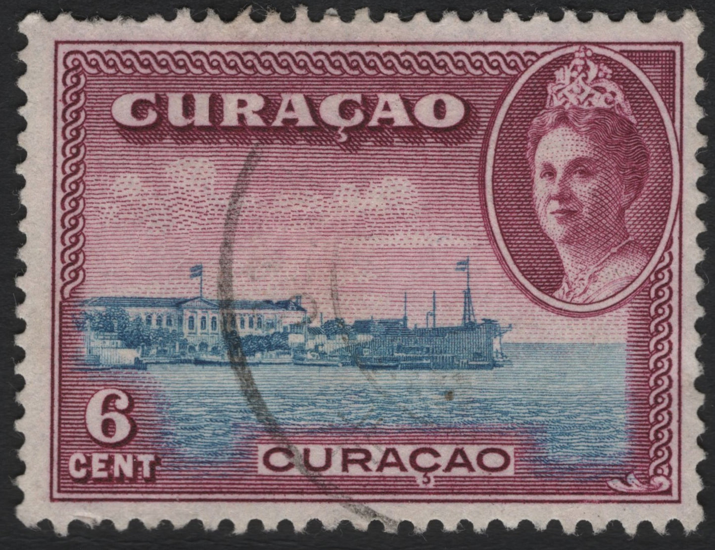 SCG9091 - Curaçao 1934 Queen Wilhelmina & Willemstad Harbor – 6 Cent