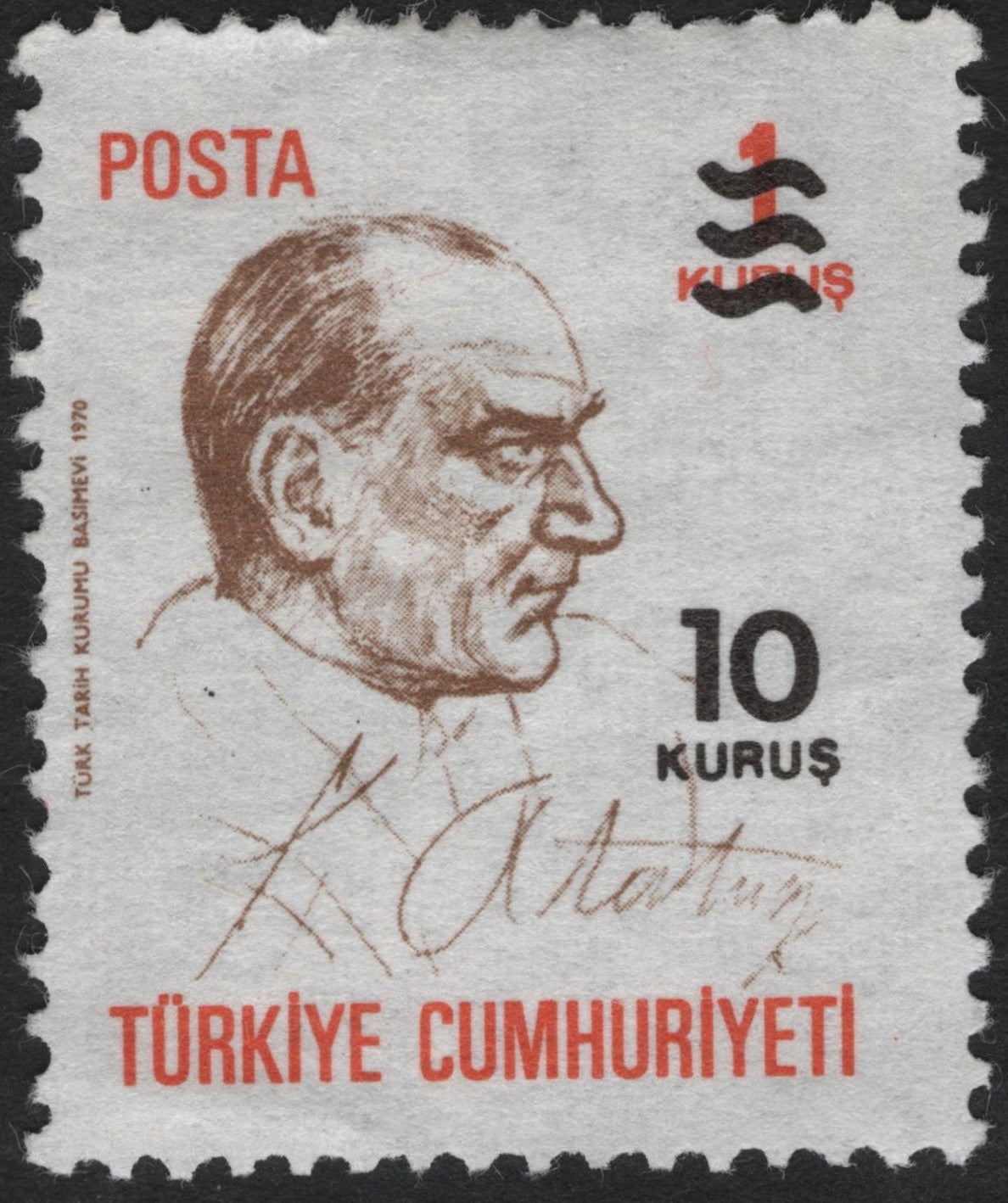 SCG9457 - Turkey 1970 – Atatürk 10 Kuruş with Red/Black 1 Kuruş Surcharge