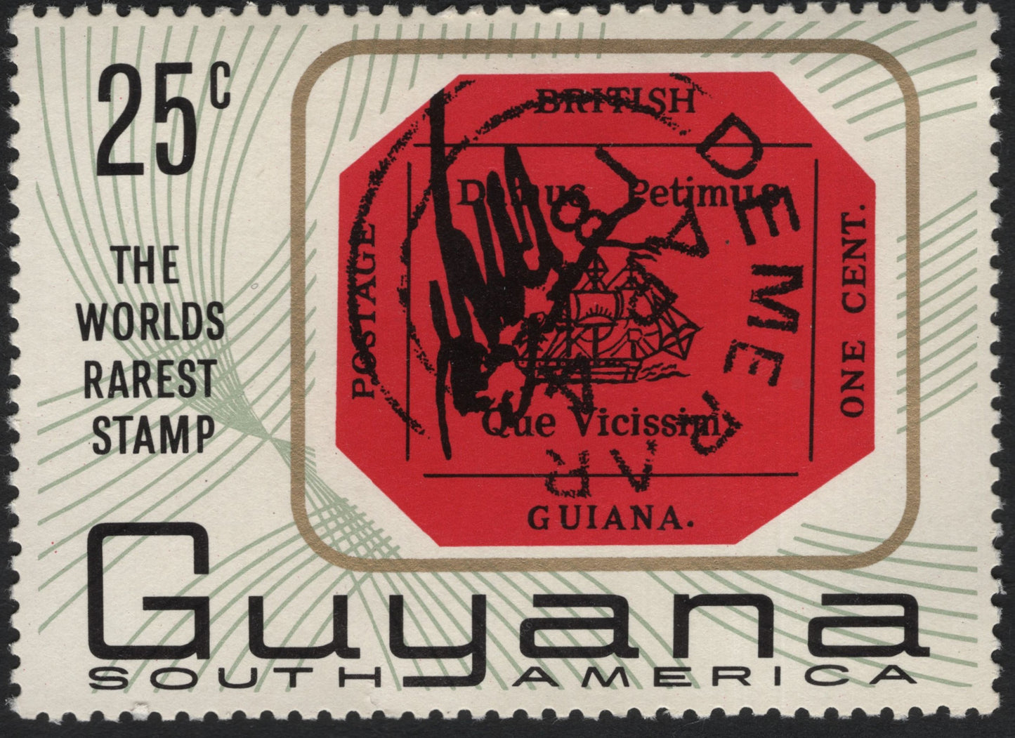 SCG9459 - Guyana – 1970s “World’s Rarest Stamp” 25c – Reproduction of the British Guiana 1¢ Magenta
