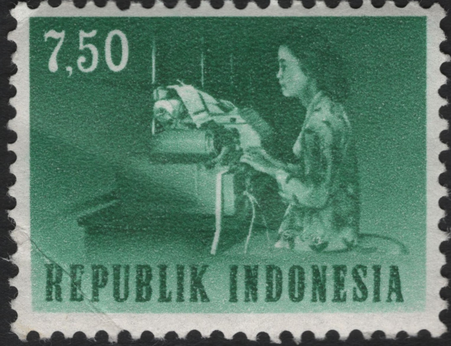 SCG9477 - Indonesia – 7.50 Rupiah “Teleprinter Operator” Definitive (1950s–60s)