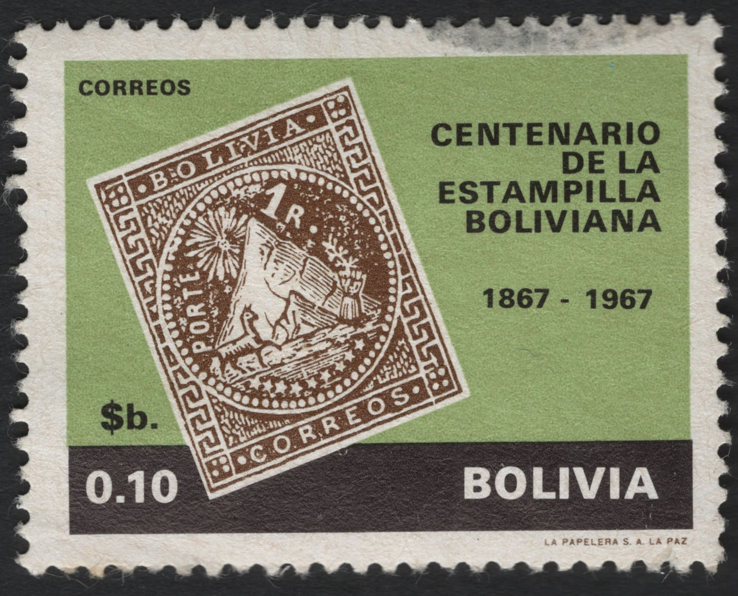 SCG9276 - Bolivia 1967 – Centenary of the First Bolivian Postage Stamp (0.10b)