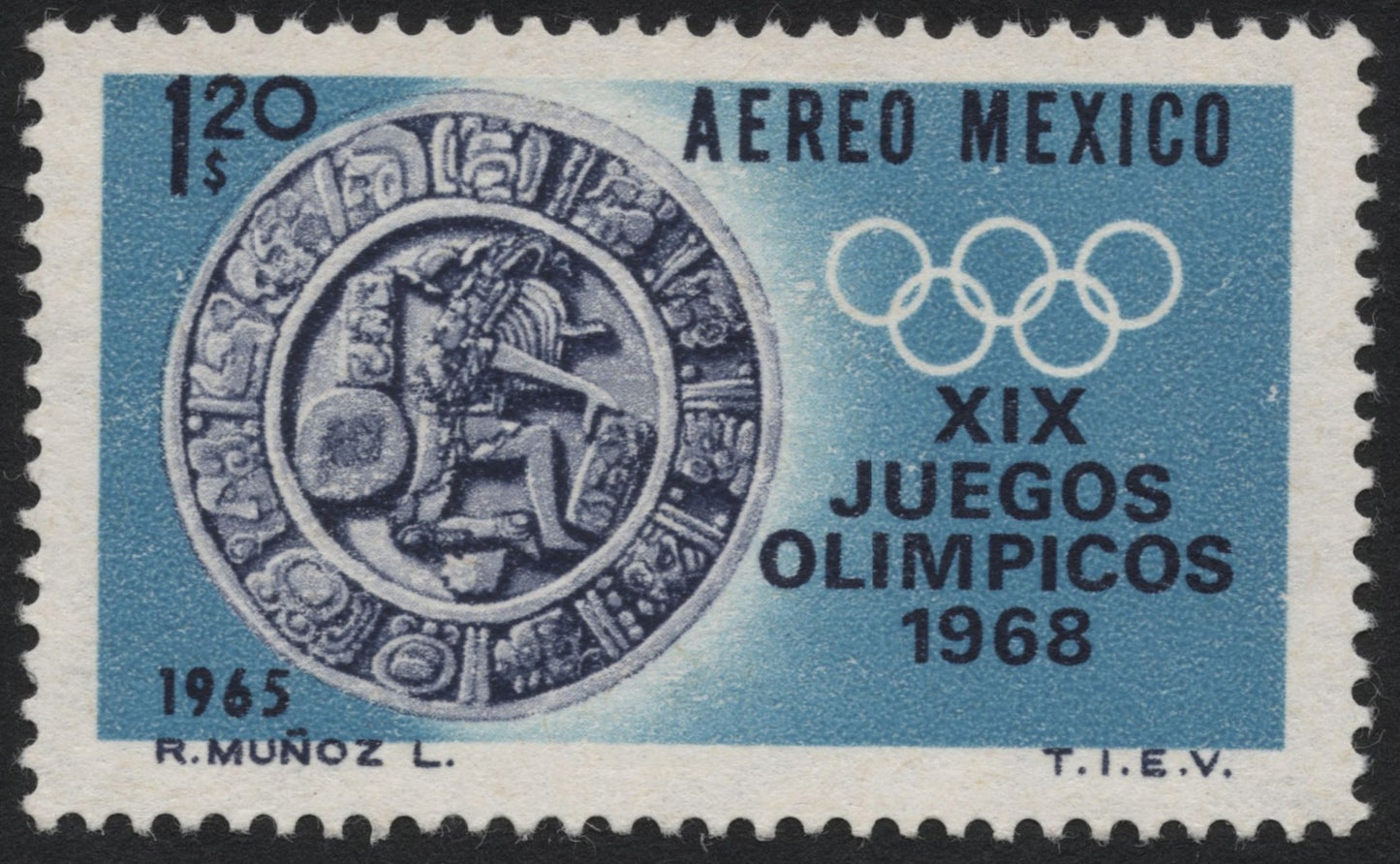 SCG9286 - Mexico 1965 – Airmail “XIX Olympic Games” with Aztec Calendar Stone (1.20 $)